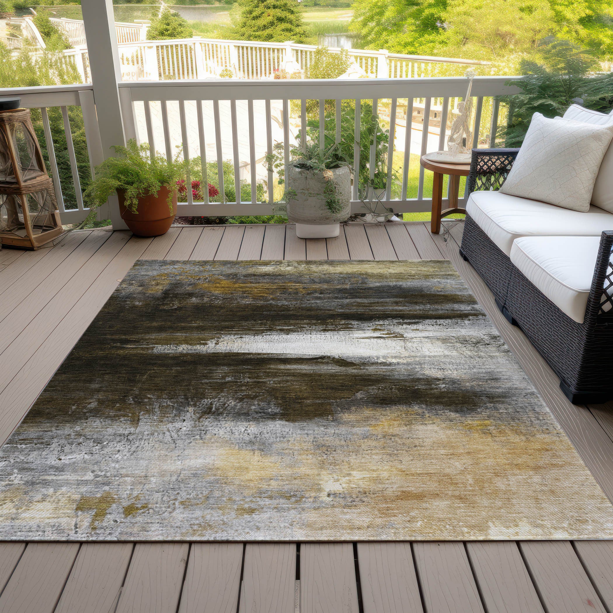 5' X 8' Chocolate Gold And Beige Abstract Washable Indoor Outdoor Area Rug-7