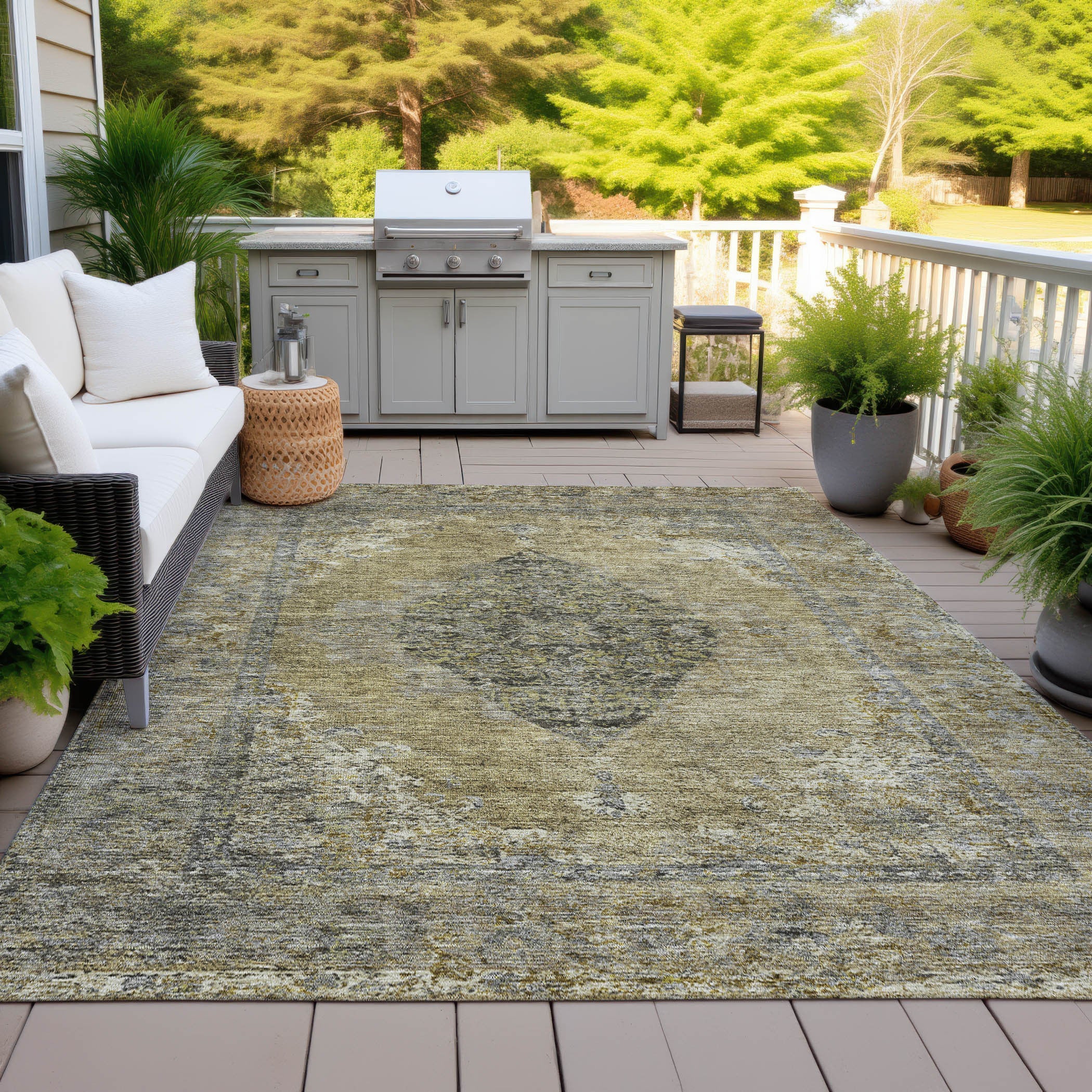 5' X 8' Khaki And Beige Medallion Washable Indoor Outdoor Area Rug-4
