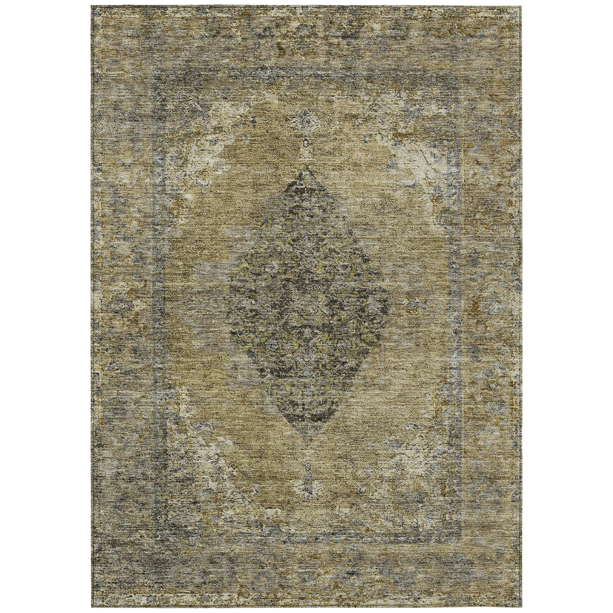 5' X 8' Khaki And Beige Medallion Washable Indoor Outdoor Area Rug-0