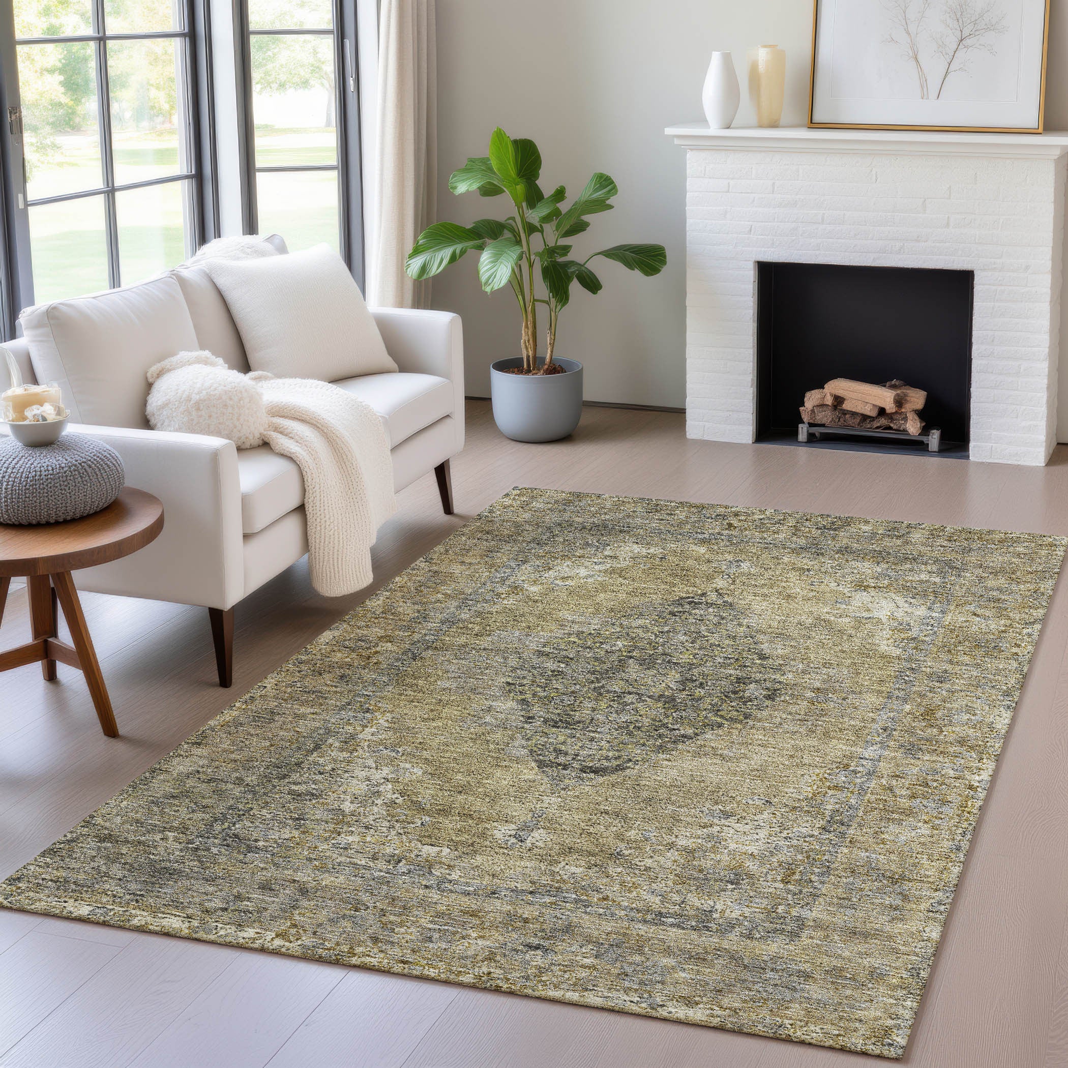 5' X 8' Khaki And Beige Medallion Washable Indoor Outdoor Area Rug-5