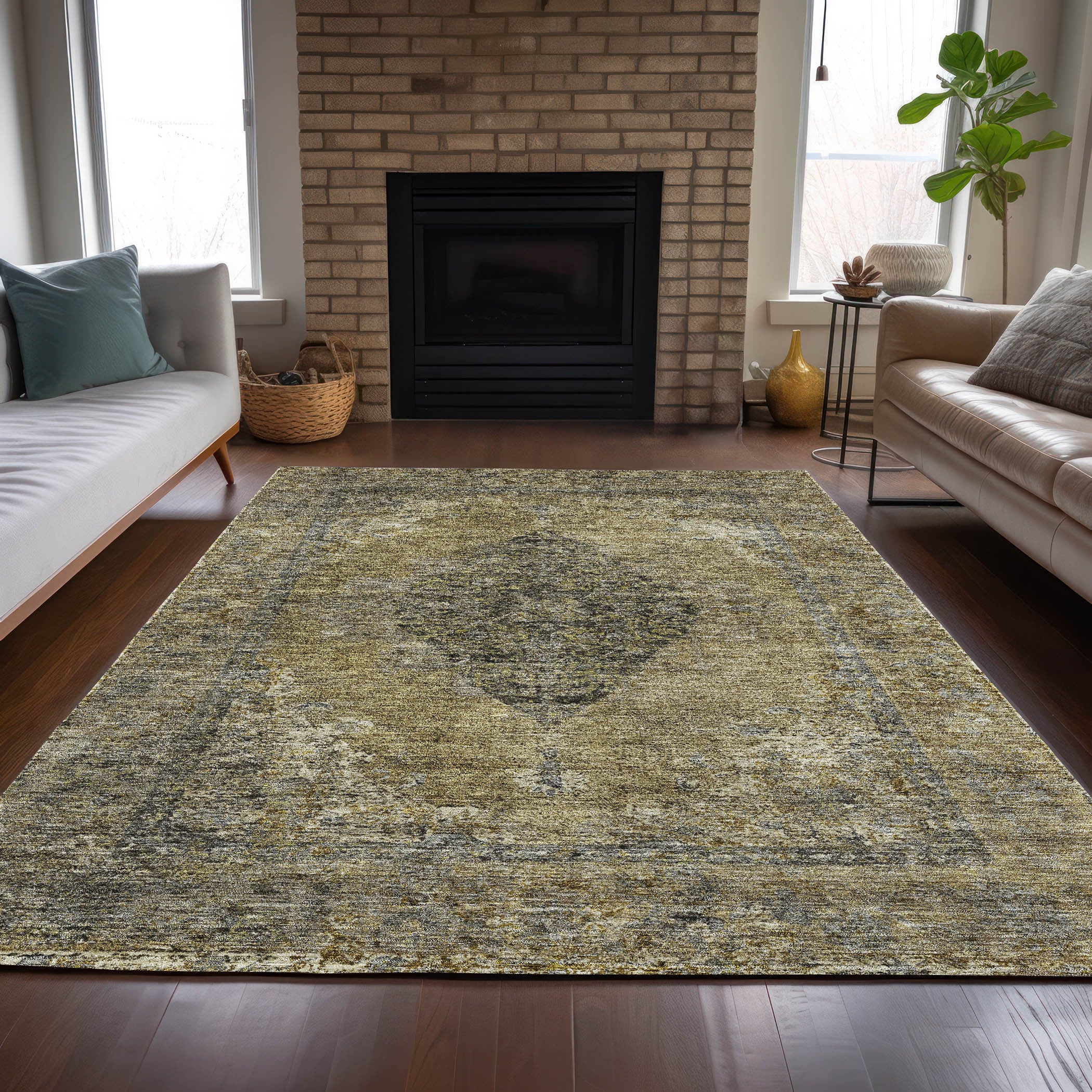 5' X 8' Khaki And Beige Medallion Washable Indoor Outdoor Area Rug-6