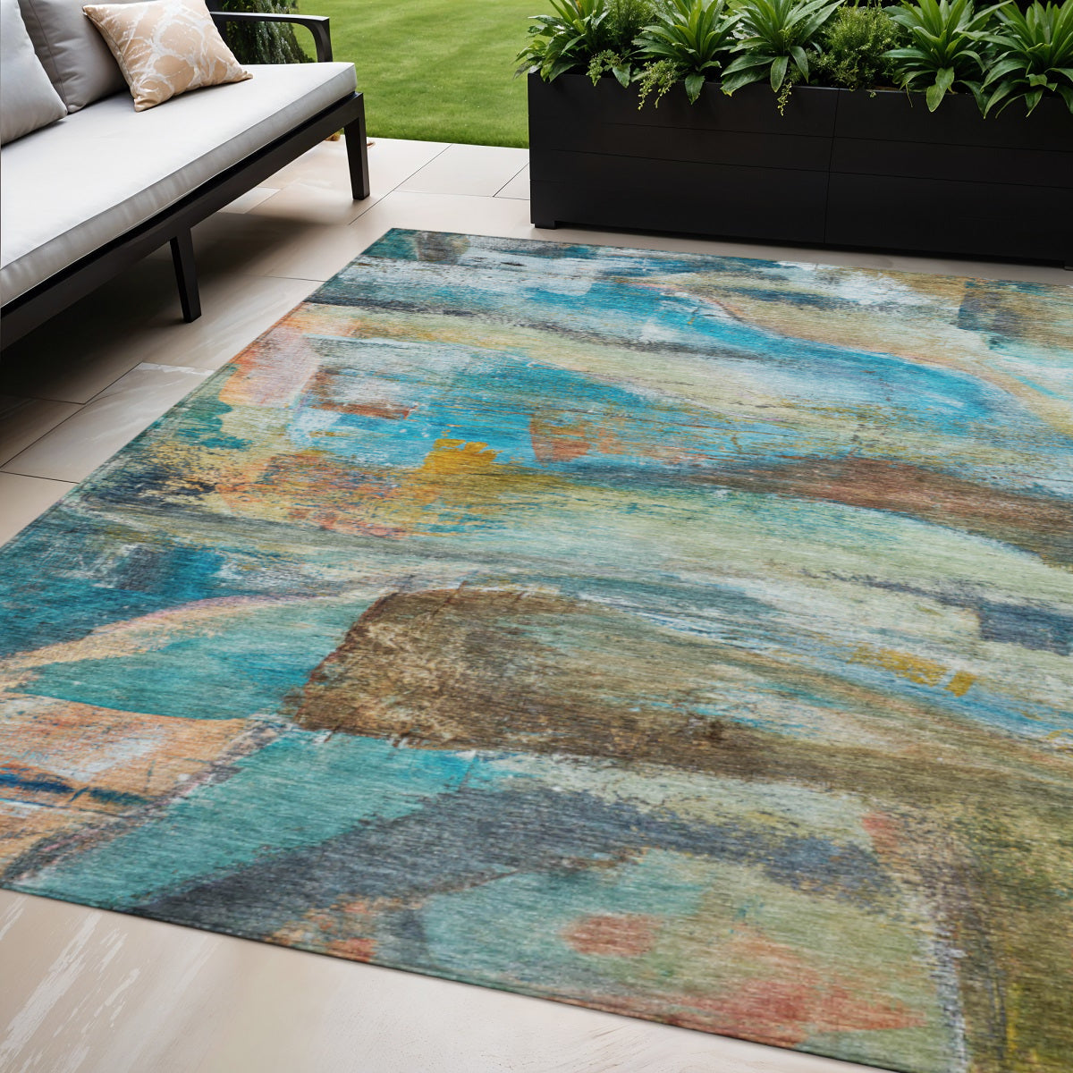 5' X 8' Teal Blue Copper And Beige Abstract Washable Indoor Outdoor Area Rug-1