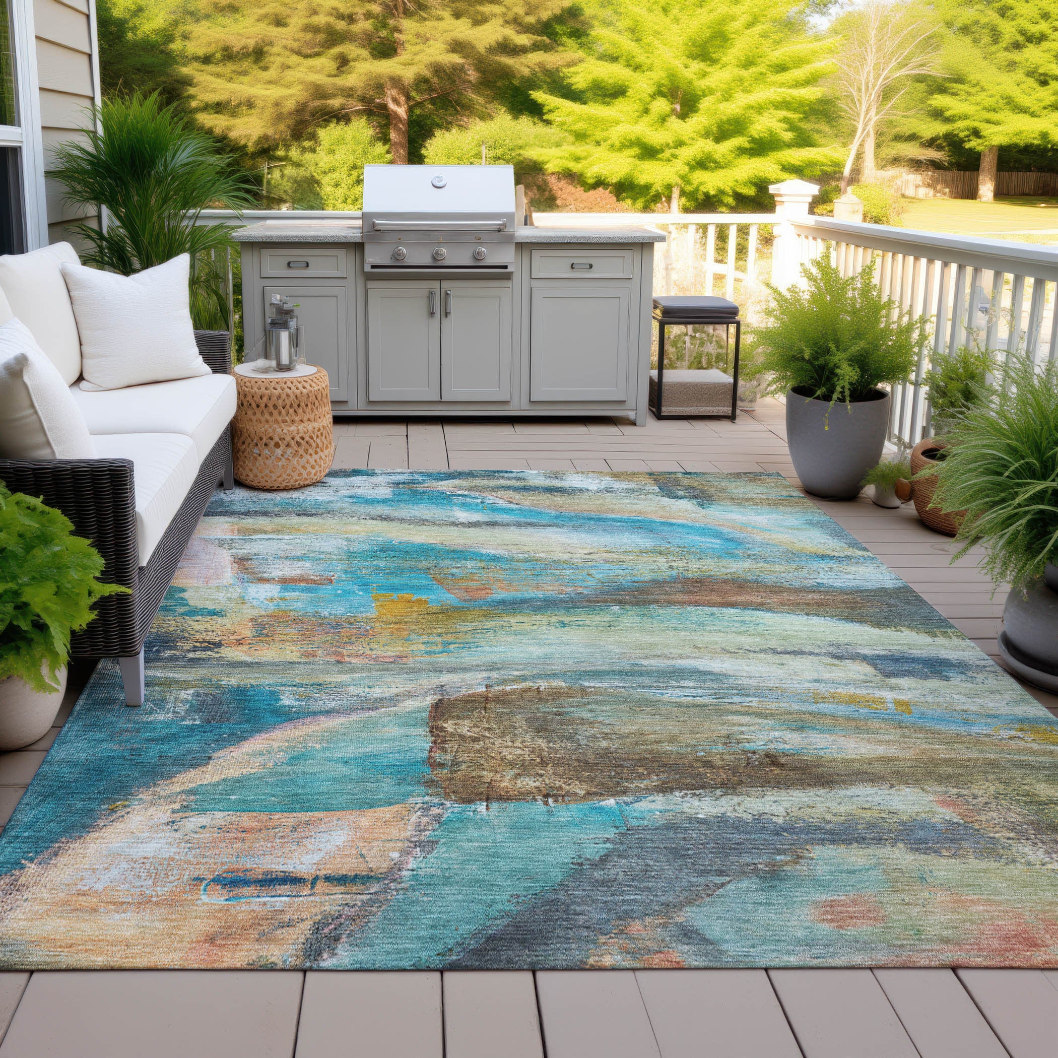 5' X 8' Teal Blue Copper And Beige Abstract Washable Indoor Outdoor Area Rug-3