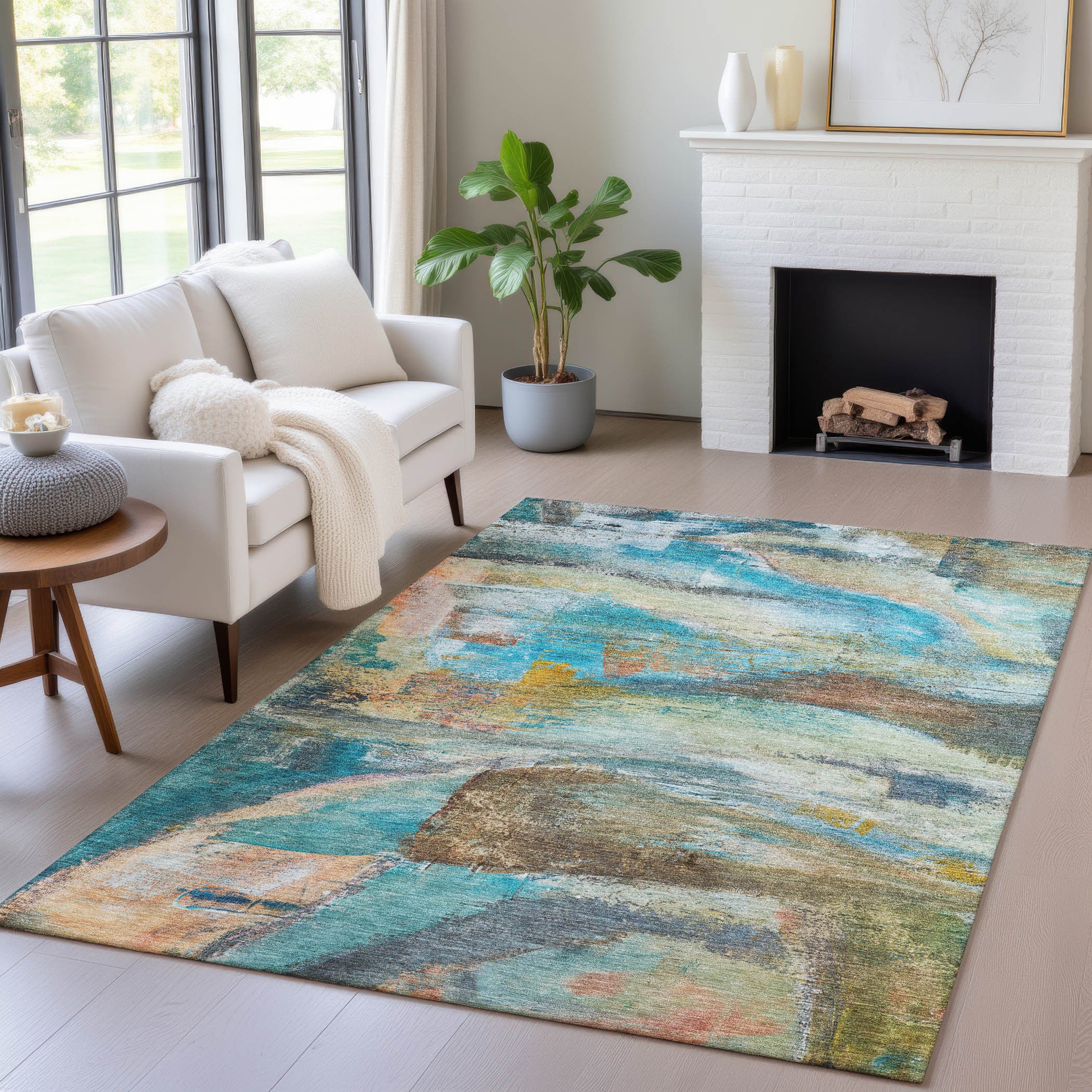 5' X 8' Teal Blue Copper And Beige Abstract Washable Indoor Outdoor Area Rug-4