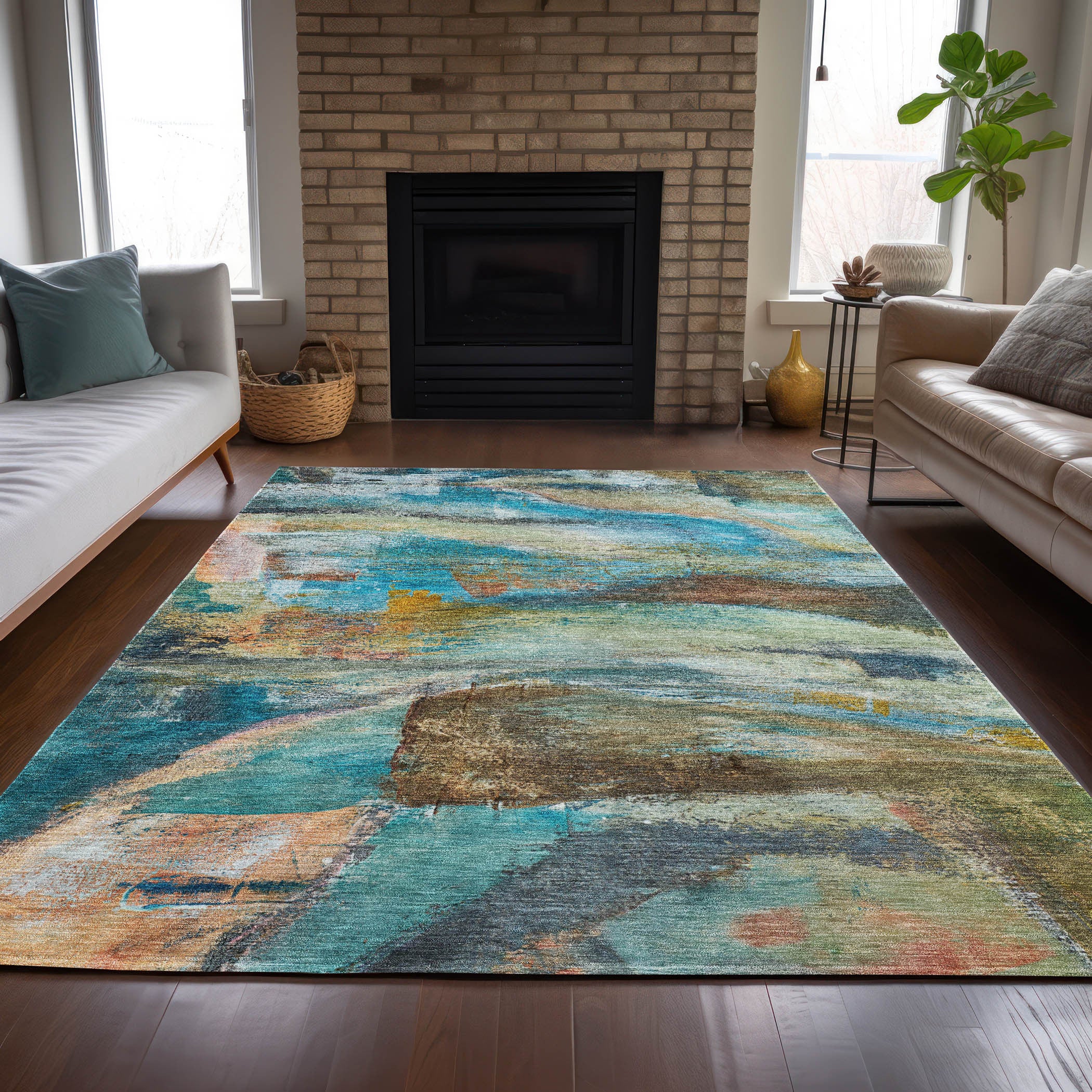 5' X 8' Teal Blue Copper And Beige Abstract Washable Indoor Outdoor Area Rug-5