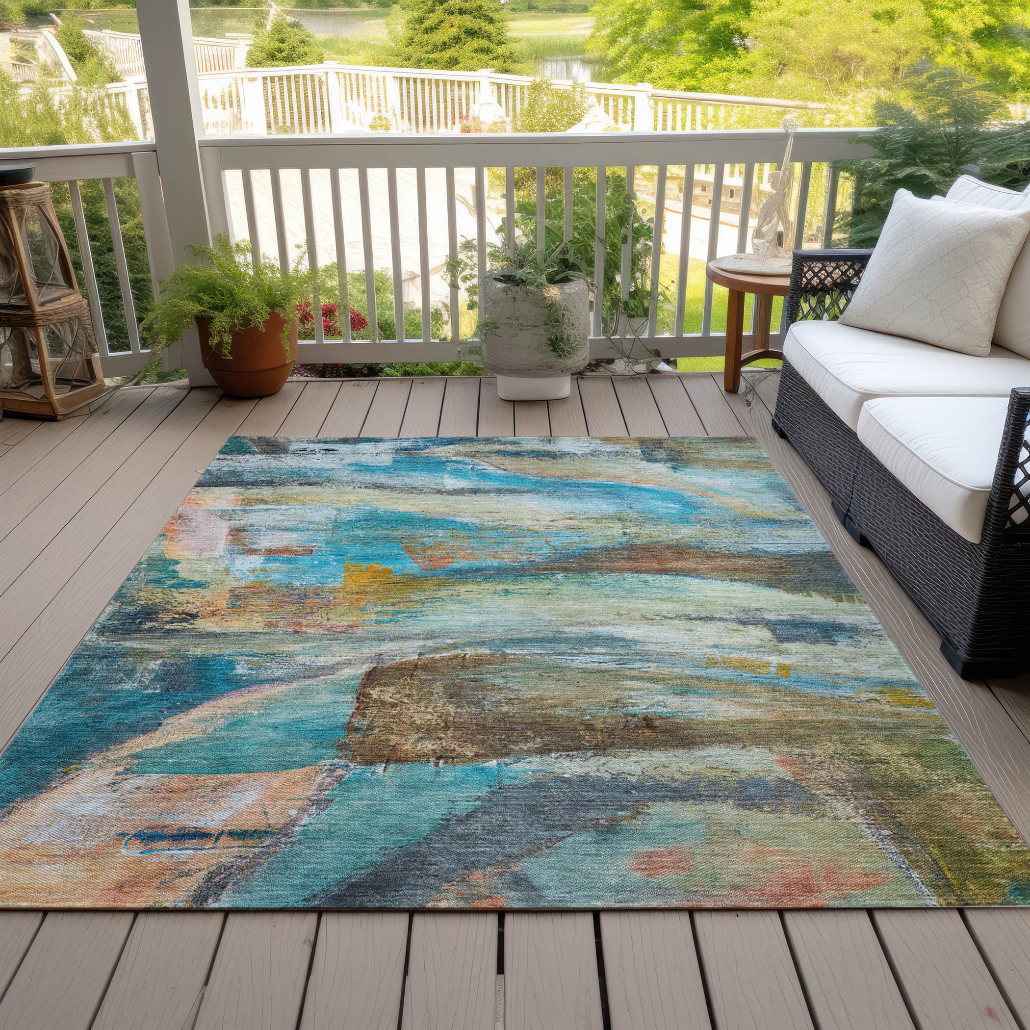5' X 8' Teal Blue Copper And Beige Abstract Washable Indoor Outdoor Area Rug-6