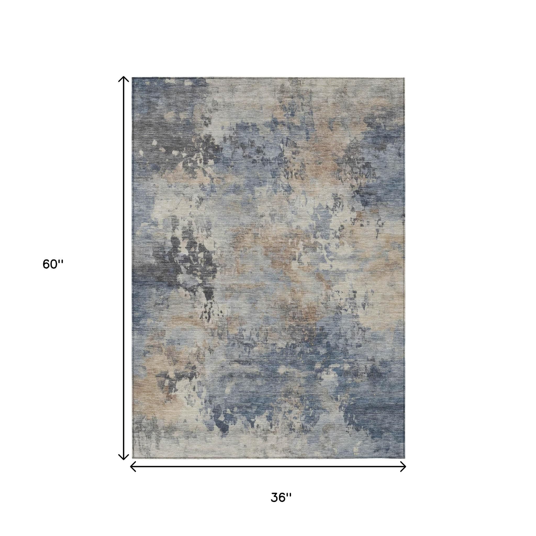 3' X 5' Denim Blue Beige And Charcoal Abstract Washable Indoor Outdoor Area Rug-2