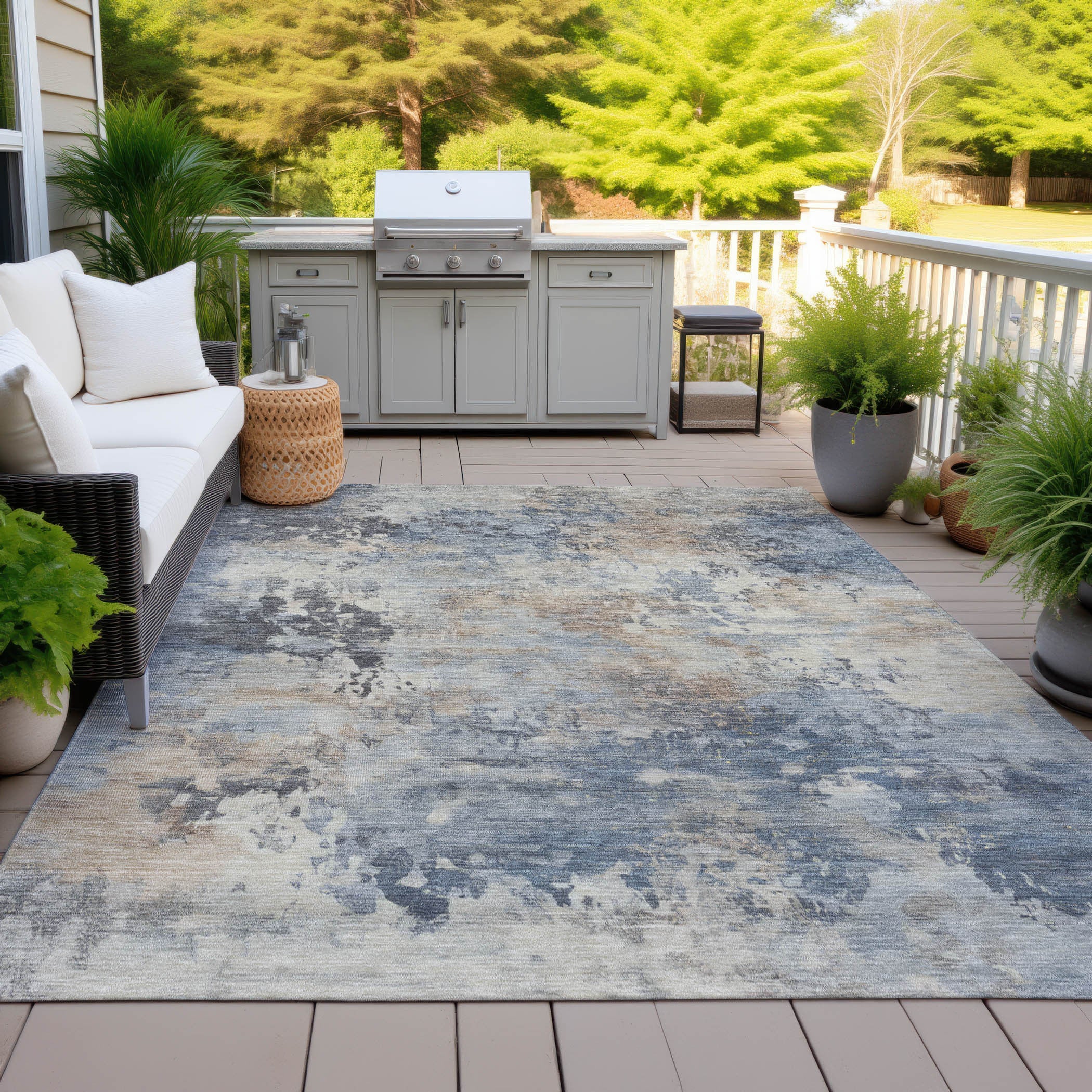 3' X 5' Denim Blue Beige And Charcoal Abstract Washable Indoor Outdoor Area Rug-6