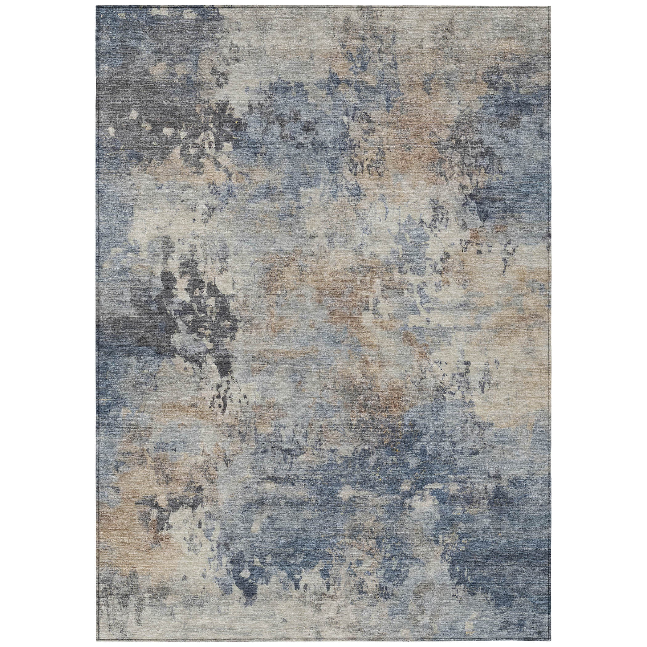 3' X 5' Denim Blue Beige And Charcoal Abstract Washable Indoor Outdoor Area Rug-1
