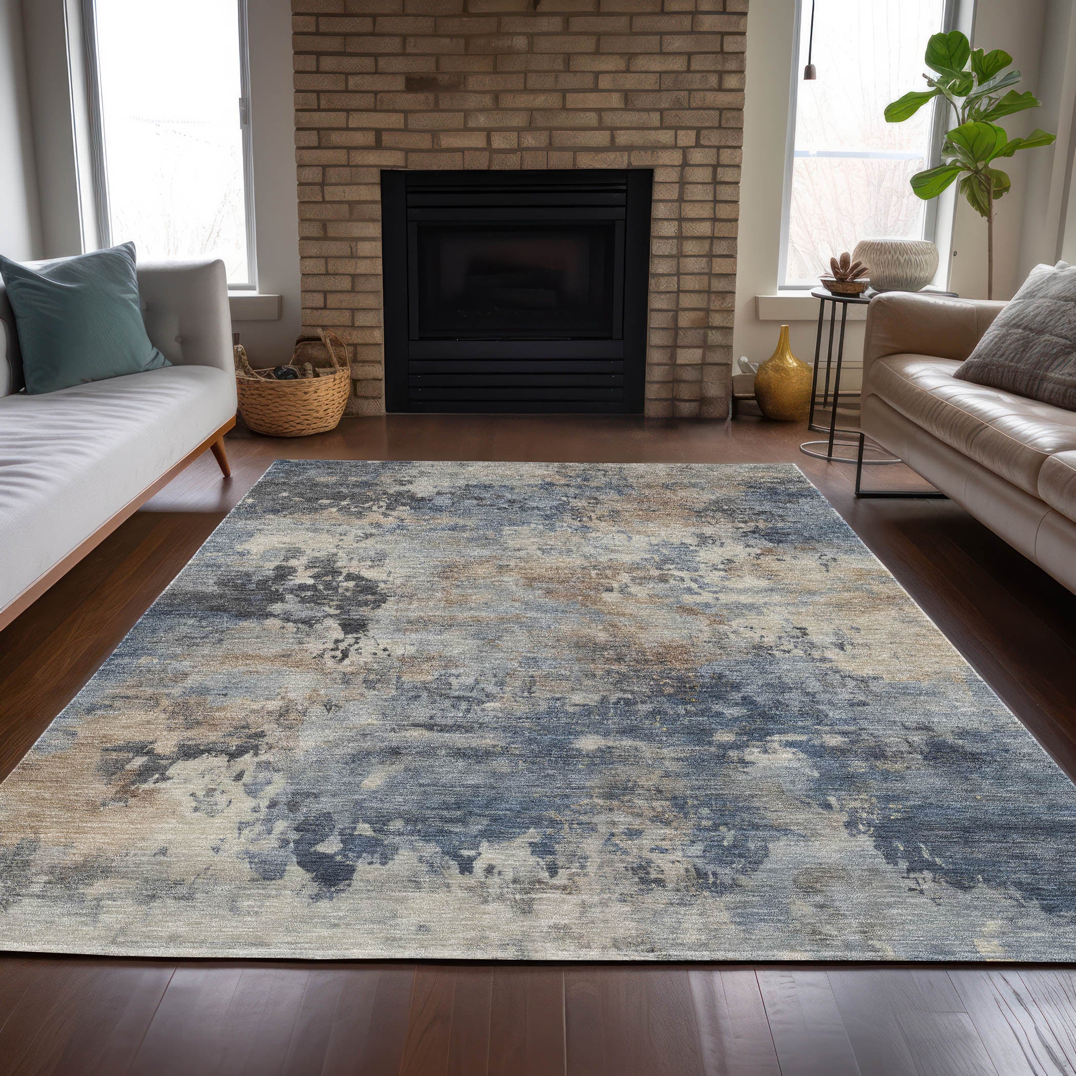 3' X 5' Denim Blue Beige And Charcoal Abstract Washable Indoor Outdoor Area Rug-7