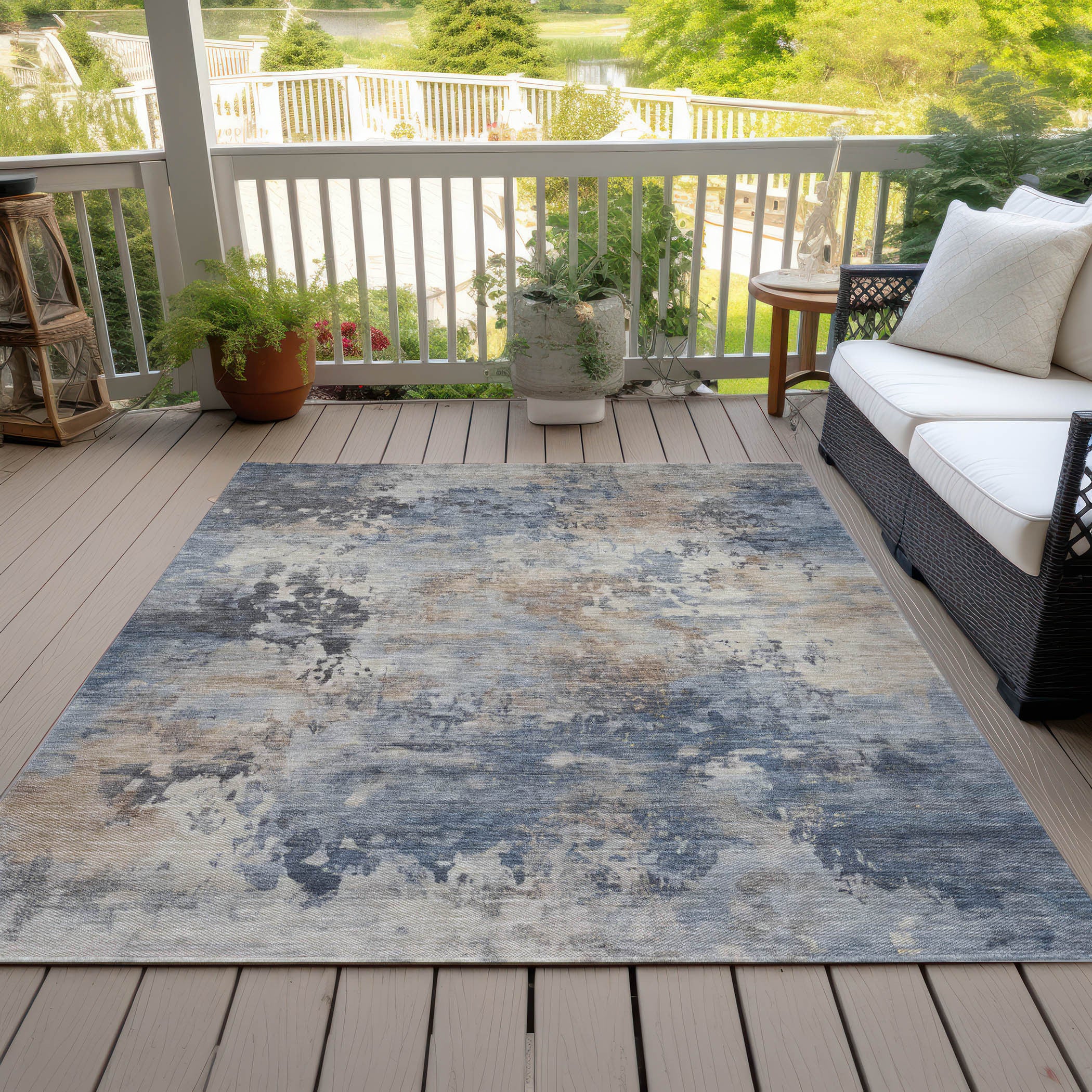 3' X 5' Denim Blue Beige And Charcoal Abstract Washable Indoor Outdoor Area Rug-8