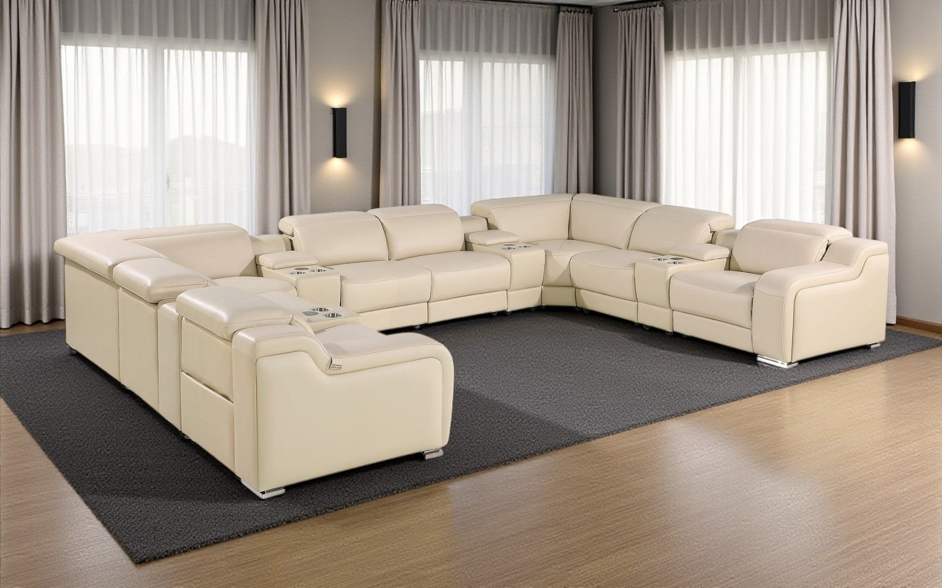 Beige Italian Leather Power Reclining U Shaped Twelve Piece Corner Sectional With Console-0