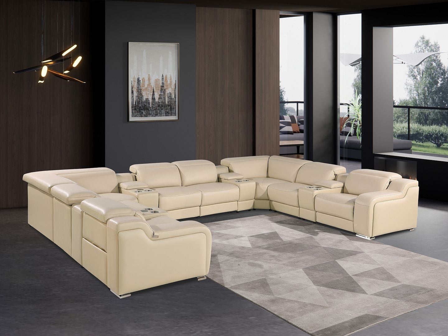 Beige Italian Leather Power Reclining U Shaped Twelve Piece Corner Sectional With Console-8