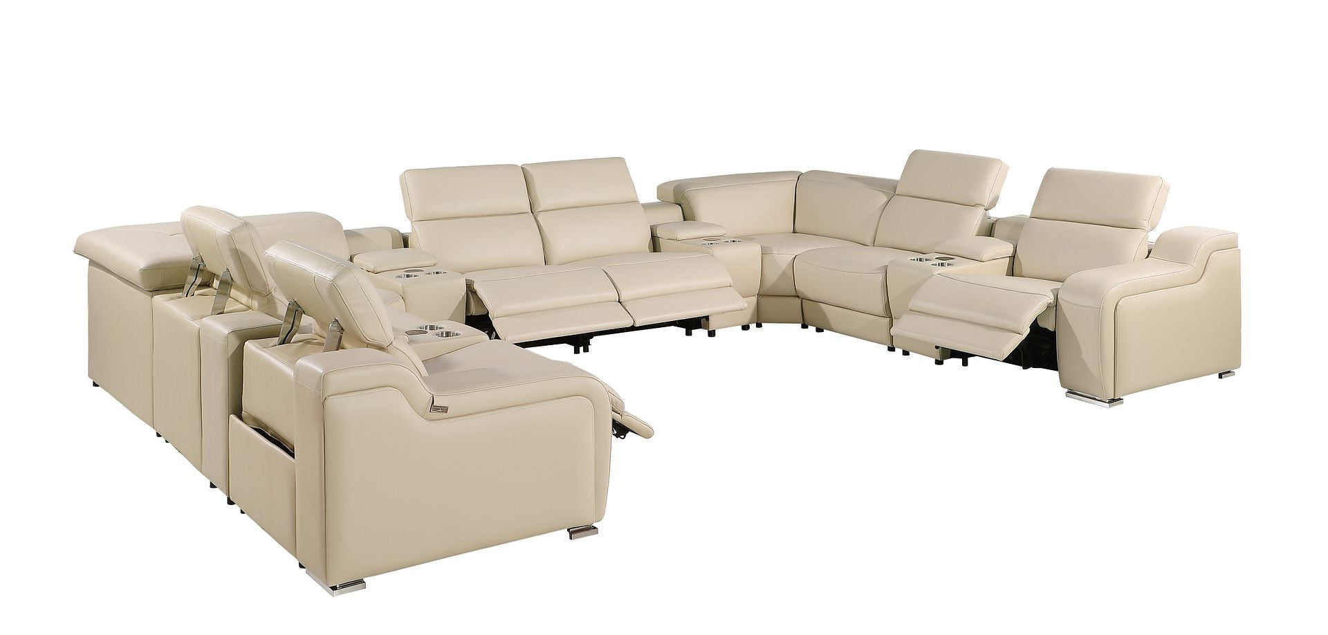 Beige Italian Leather Power Reclining U Shaped Twelve Piece Corner Sectional With Console-2