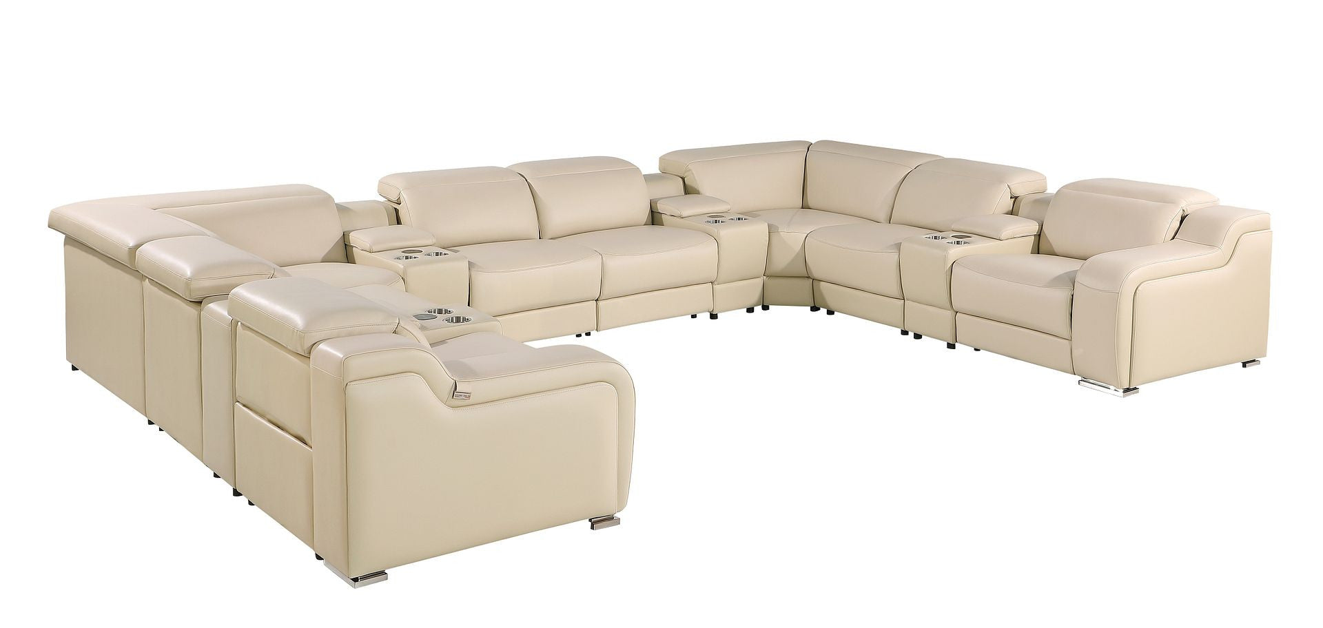 Beige Italian Leather Power Reclining U Shaped Twelve Piece Corner Sectional With Console-1