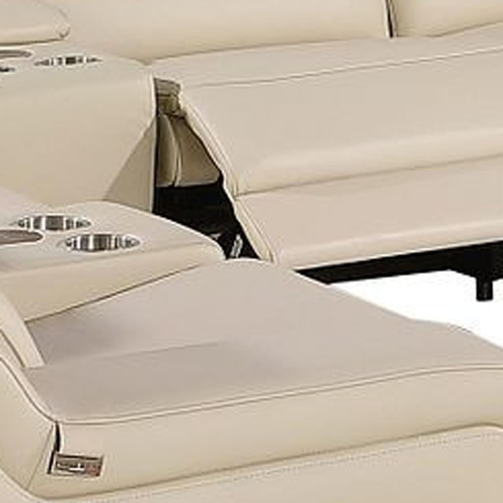 Beige Italian Leather Power Reclining U Shaped Twelve Piece Corner Sectional With Console-4