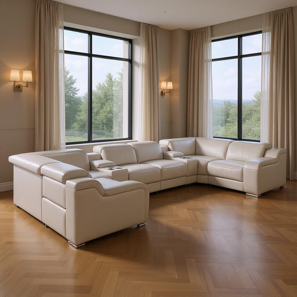 Light Gray Italian Leather Power Reclining U Shaped Eight Piece Corner Sectional With Console-0