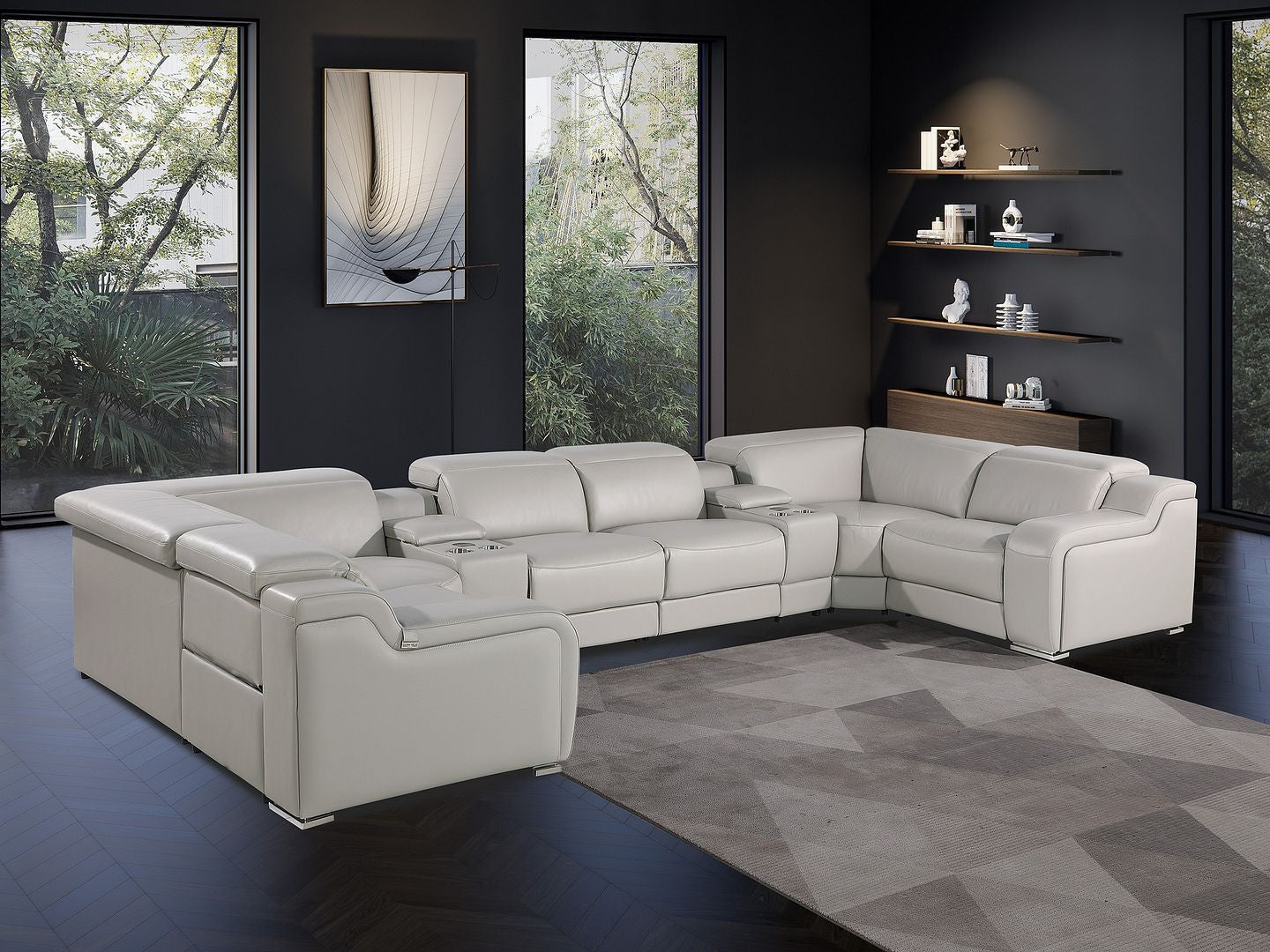 Light Gray Italian Leather Power Reclining U Shaped Eight Piece Corner Sectional With Console-7