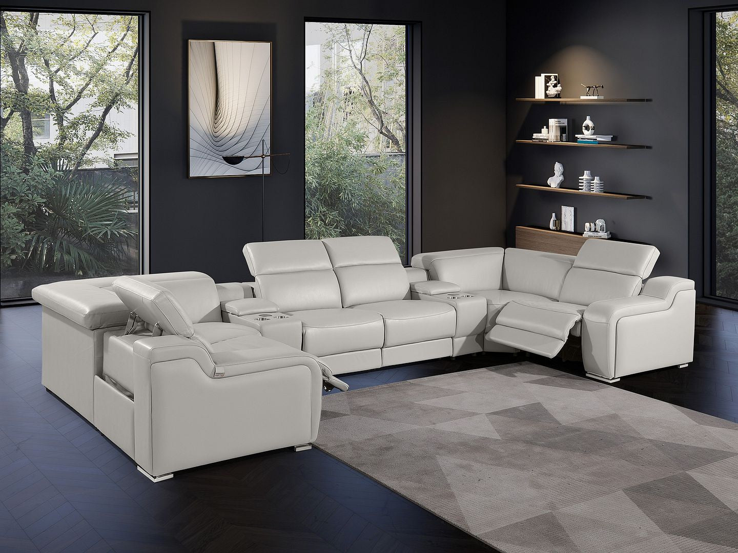 Light Gray Italian Leather Power Reclining U Shaped Eight Piece Corner Sectional With Console-8