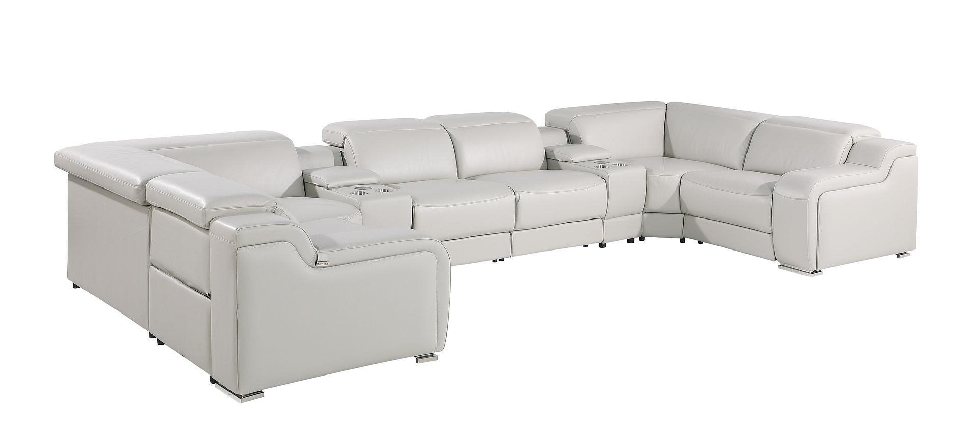 Light Gray Italian Leather Power Reclining U Shaped Eight Piece Corner Sectional With Console-1