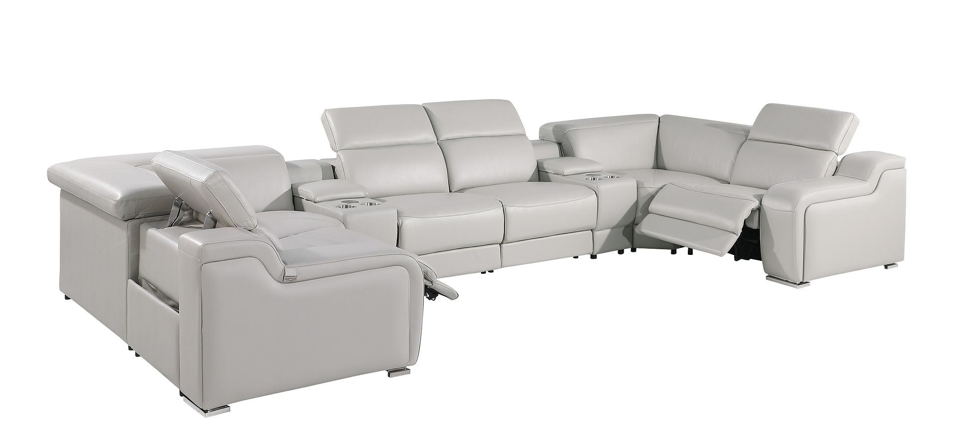 Light Gray Italian Leather Power Reclining U Shaped Eight Piece Corner Sectional With Console-2