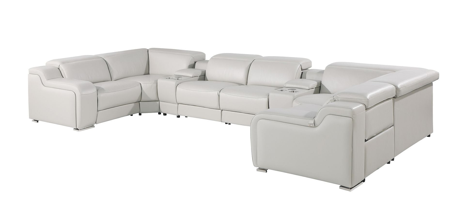Light Gray Italian Leather Power Reclining U Shaped Eight Piece Corner Sectional With Console-4