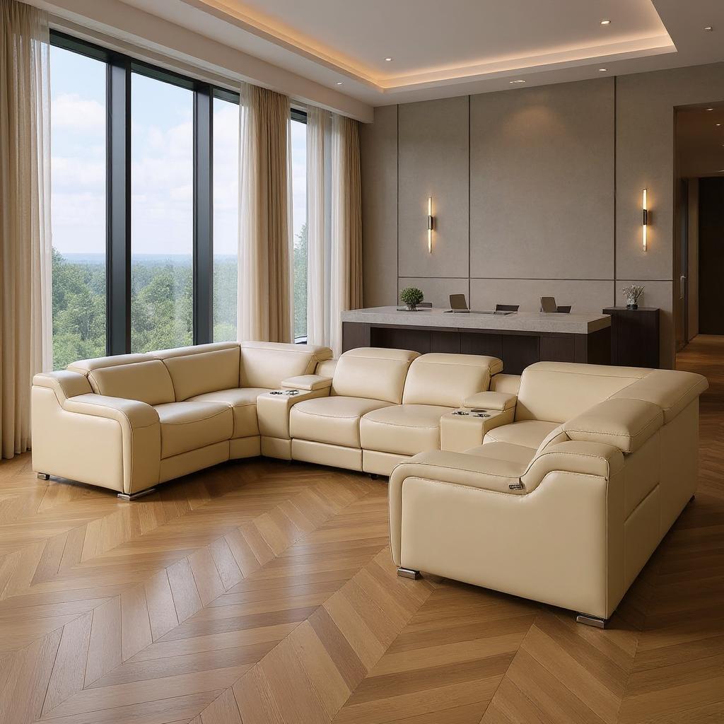 Beige Italian Leather Power Reclining U Shaped Eight Piece Corner Sectional With Console-0