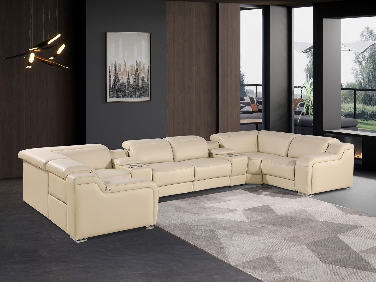 Beige Italian Leather Power Reclining U Shaped Eight Piece Corner Sectional With Console-8