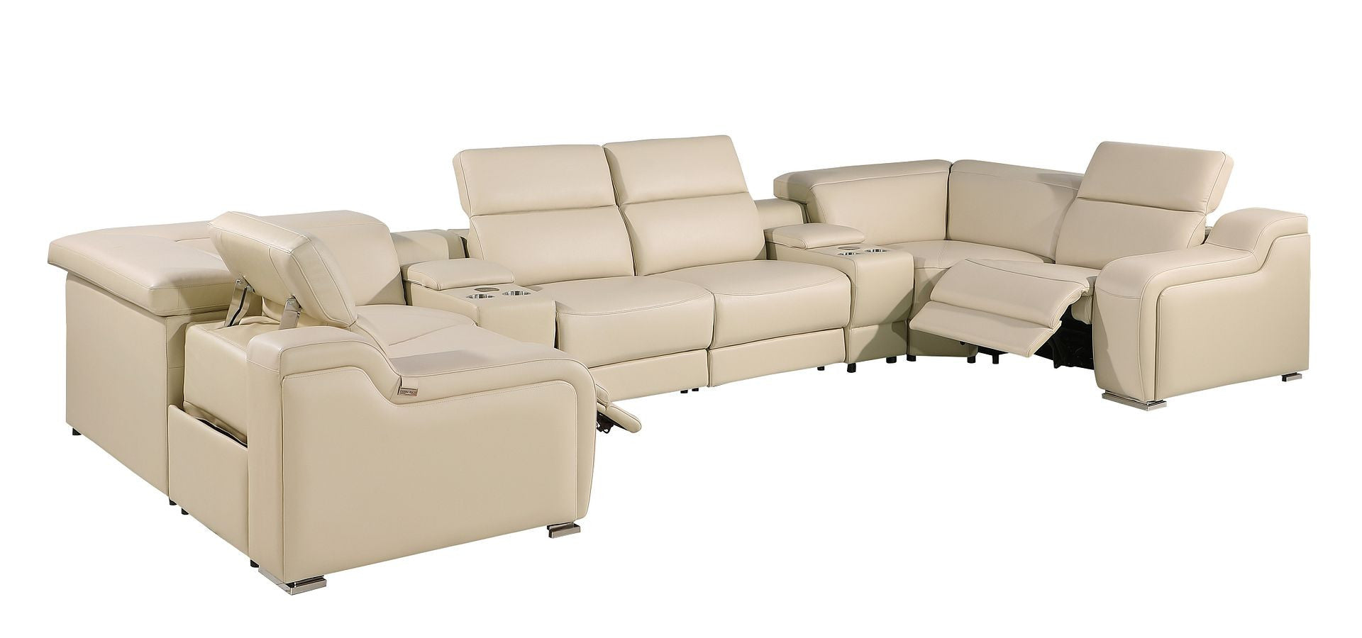 Beige Italian Leather Power Reclining U Shaped Eight Piece Corner Sectional With Console-2