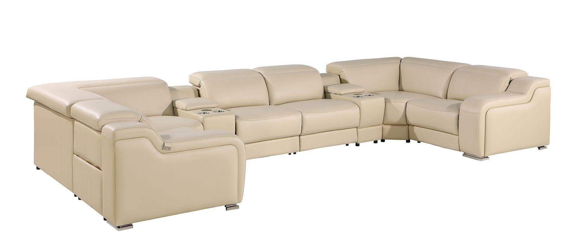 Beige Italian Leather Power Reclining U Shaped Eight Piece Corner Sectional With Console-1