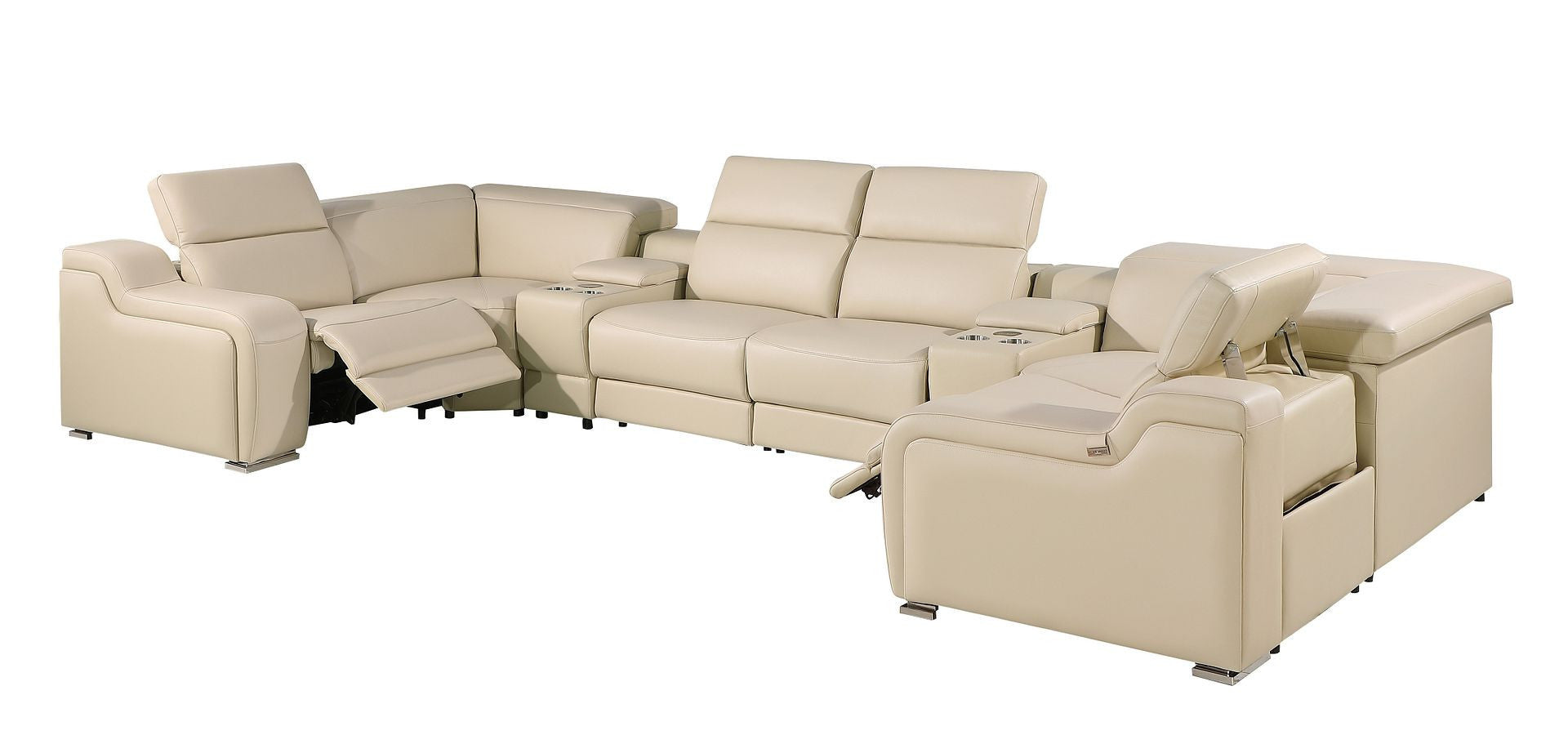 Beige Italian Leather Power Reclining U Shaped Eight Piece Corner Sectional With Console-5