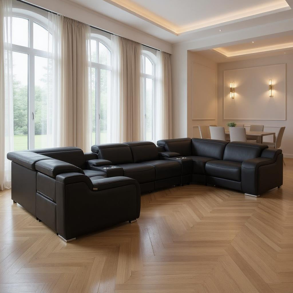 Black Italian Leather Power Reclining U Shaped Eight Piece Corner Sectional With Console-0