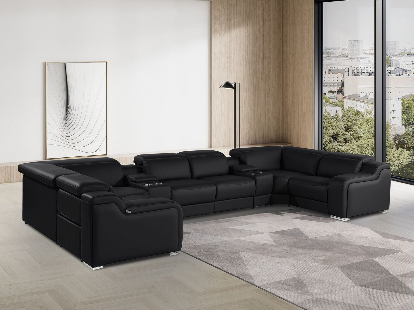 Black Italian Leather Power Reclining U Shaped Eight Piece Corner Sectional With Console-8