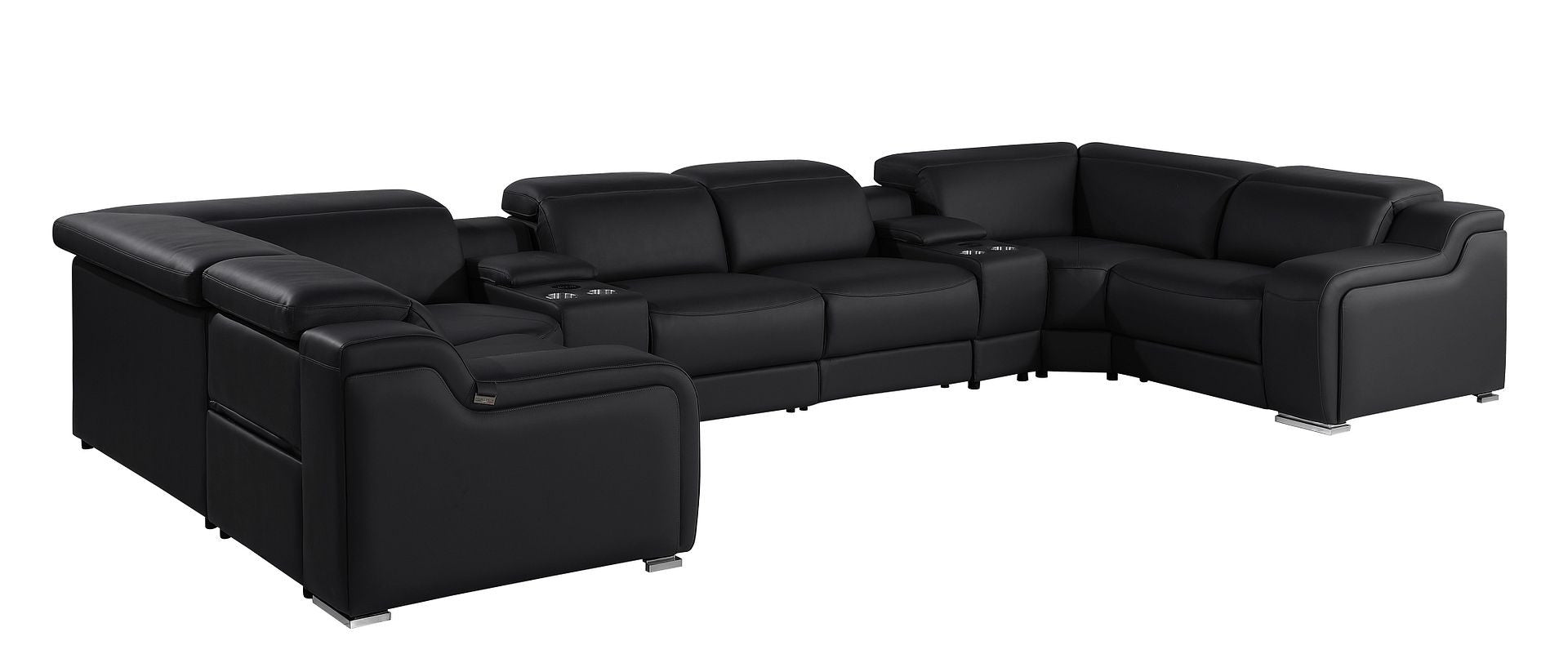Black Italian Leather Power Reclining U Shaped Eight Piece Corner Sectional With Console-1
