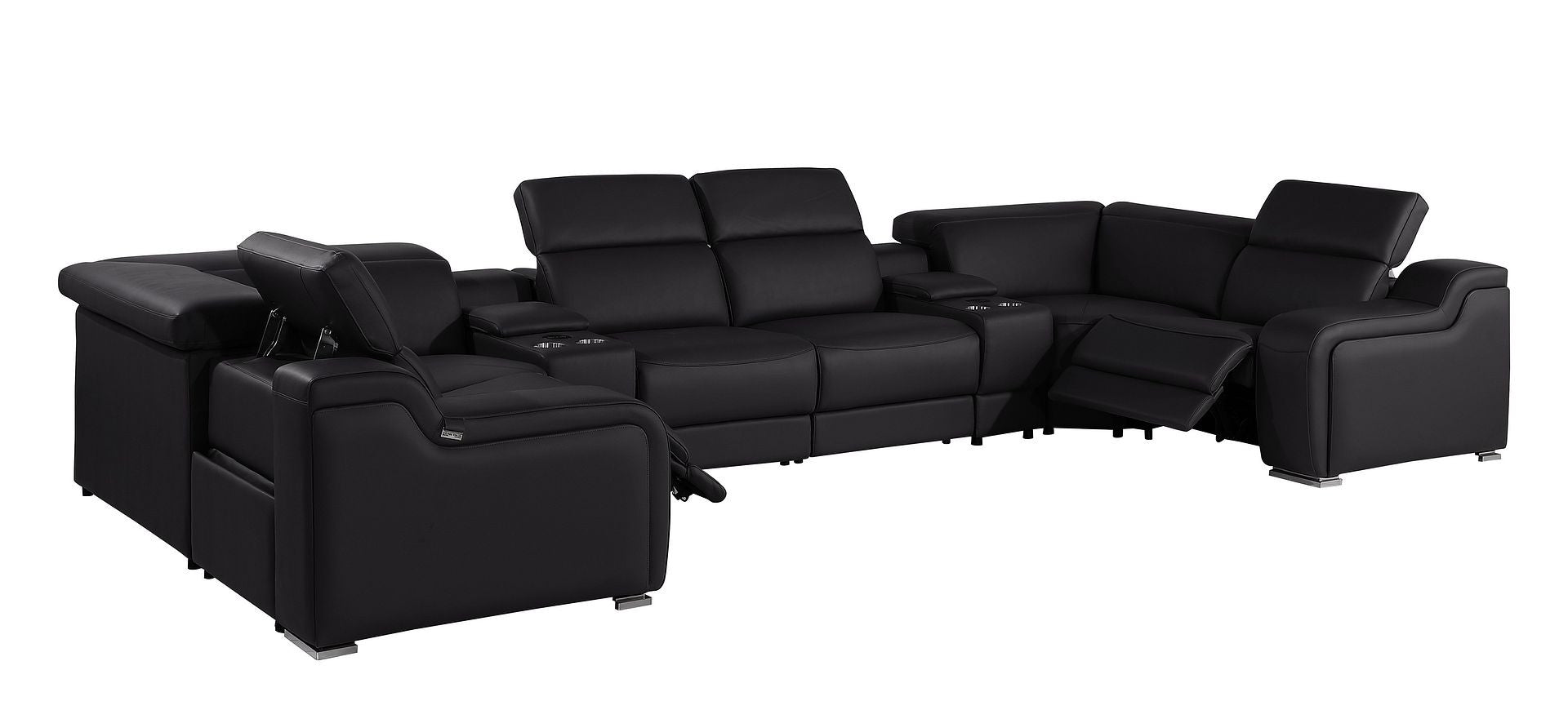 Black Italian Leather Power Reclining U Shaped Eight Piece Corner Sectional With Console-2