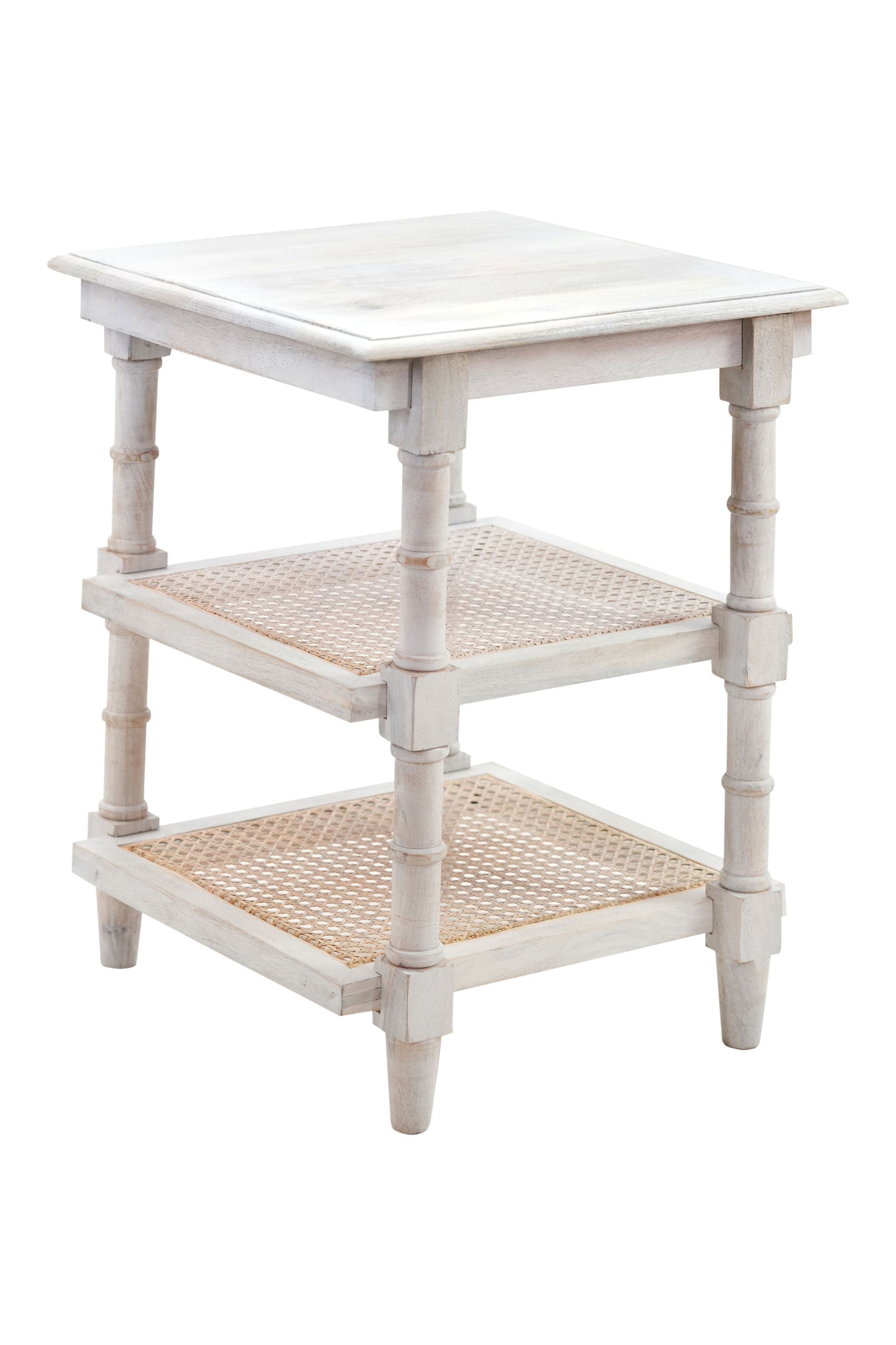 24" Antiqued White Solid Wood End Table With Two Shelves-1