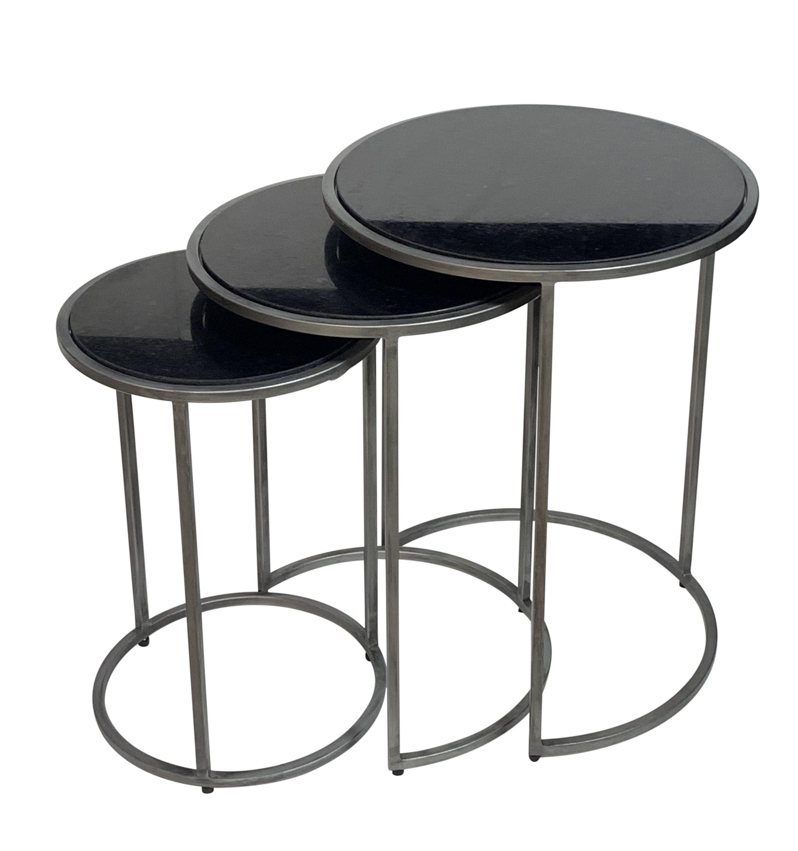 Set of Three Black and Gray Marble and Iron Round Frame Nested Tables-1