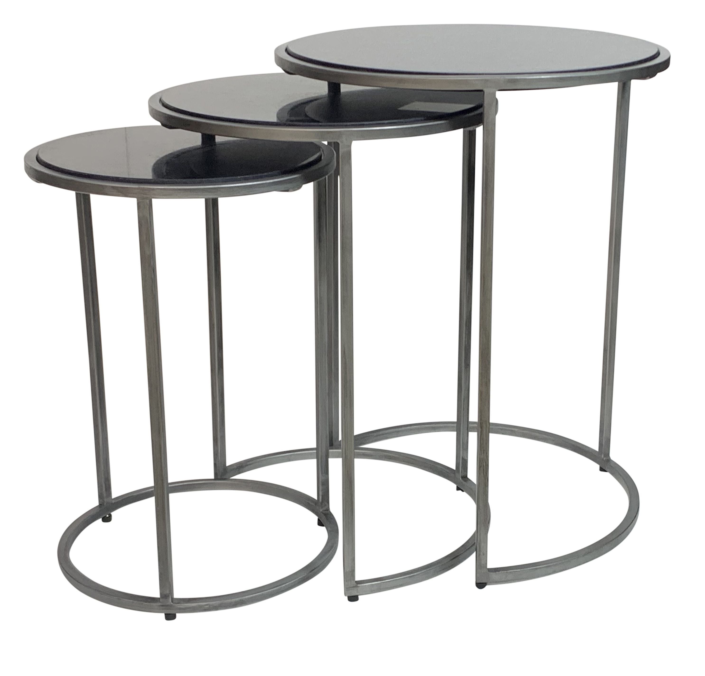 Set of Three Black and Gray Marble and Iron Round Frame Nested Tables-2