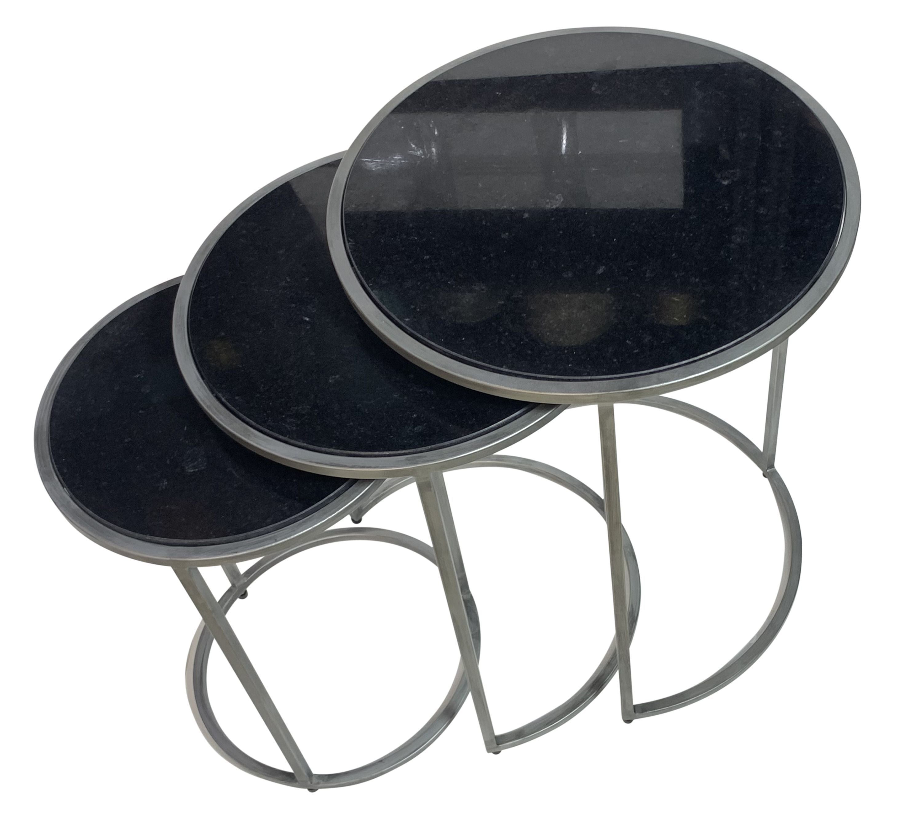 Set of Three Black and Gray Marble and Iron Round Frame Nested Tables-3