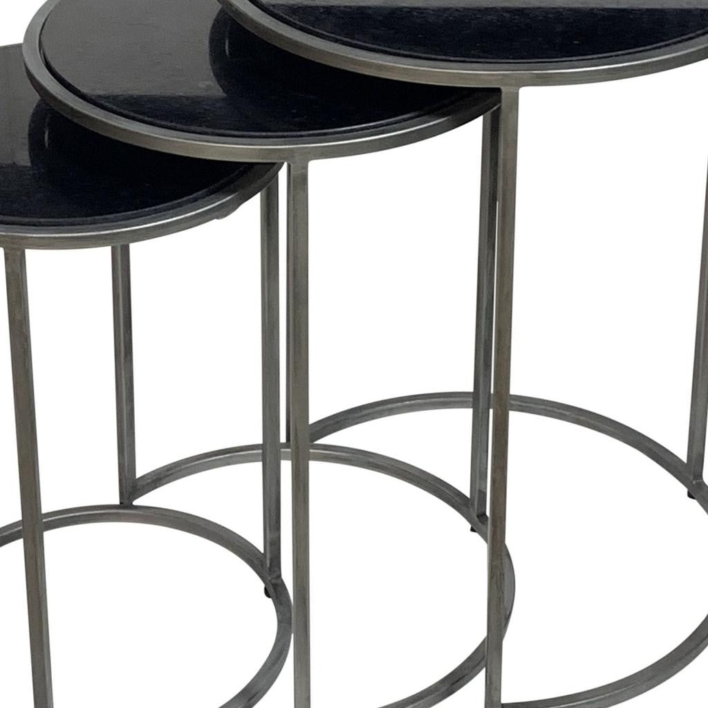 Set of Three Black and Gray Marble and Iron Round Frame Nested Tables-4