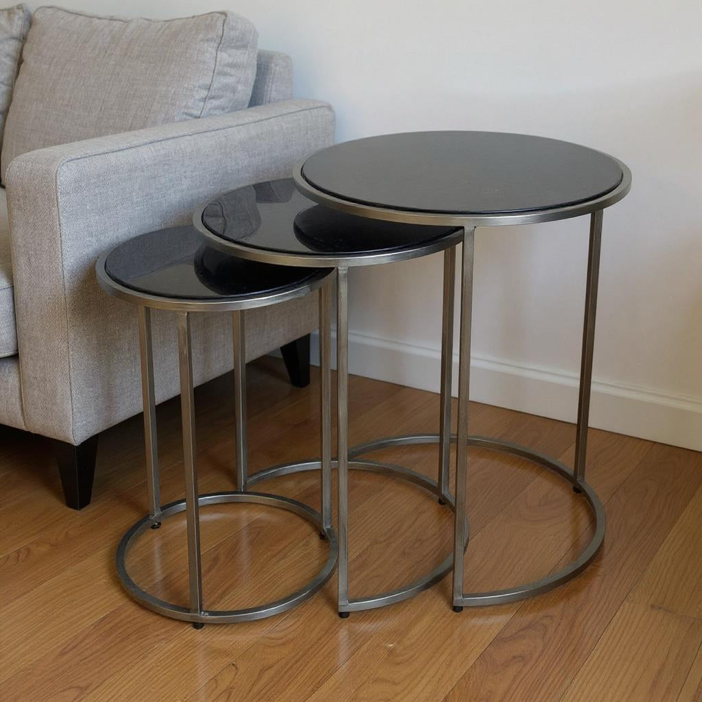 Set of Three Black and Gray Marble and Iron Round Frame Nested Tables-0