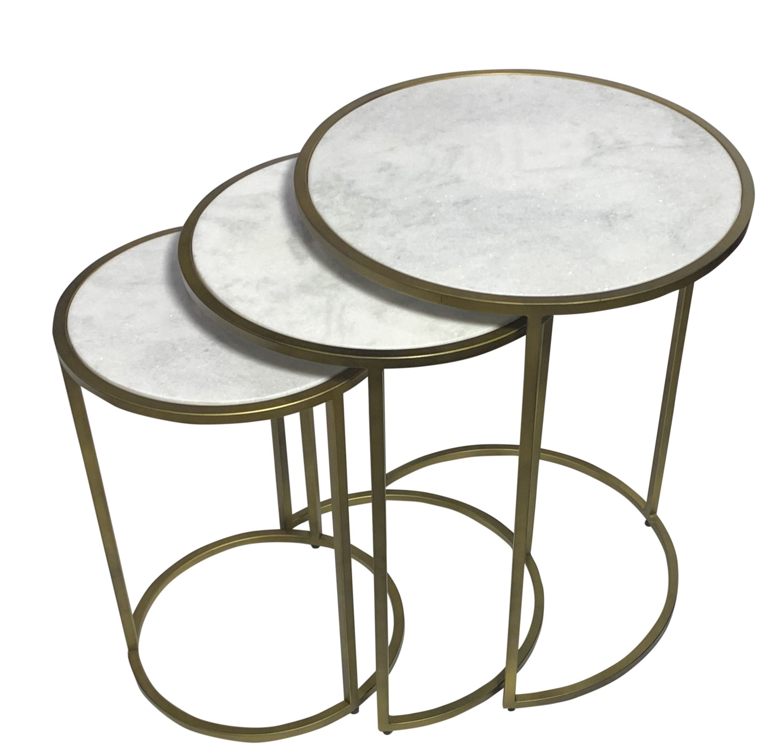 Set of Three White and Antiqued Gold Marble and Iron Round Frame Nested Tables-2