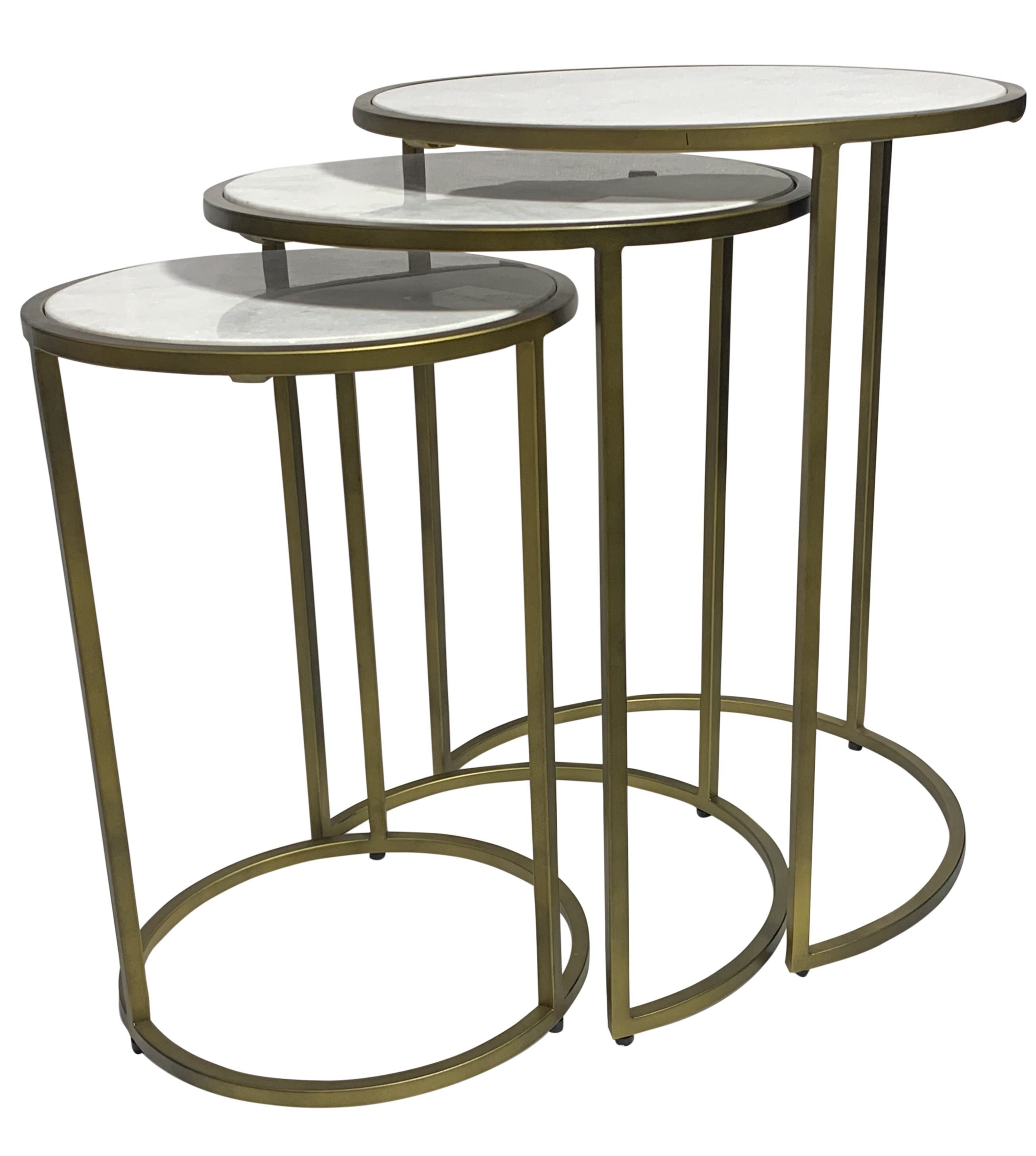 Set of Three White and Antiqued Gold Marble and Iron Round Frame Nested Tables-1