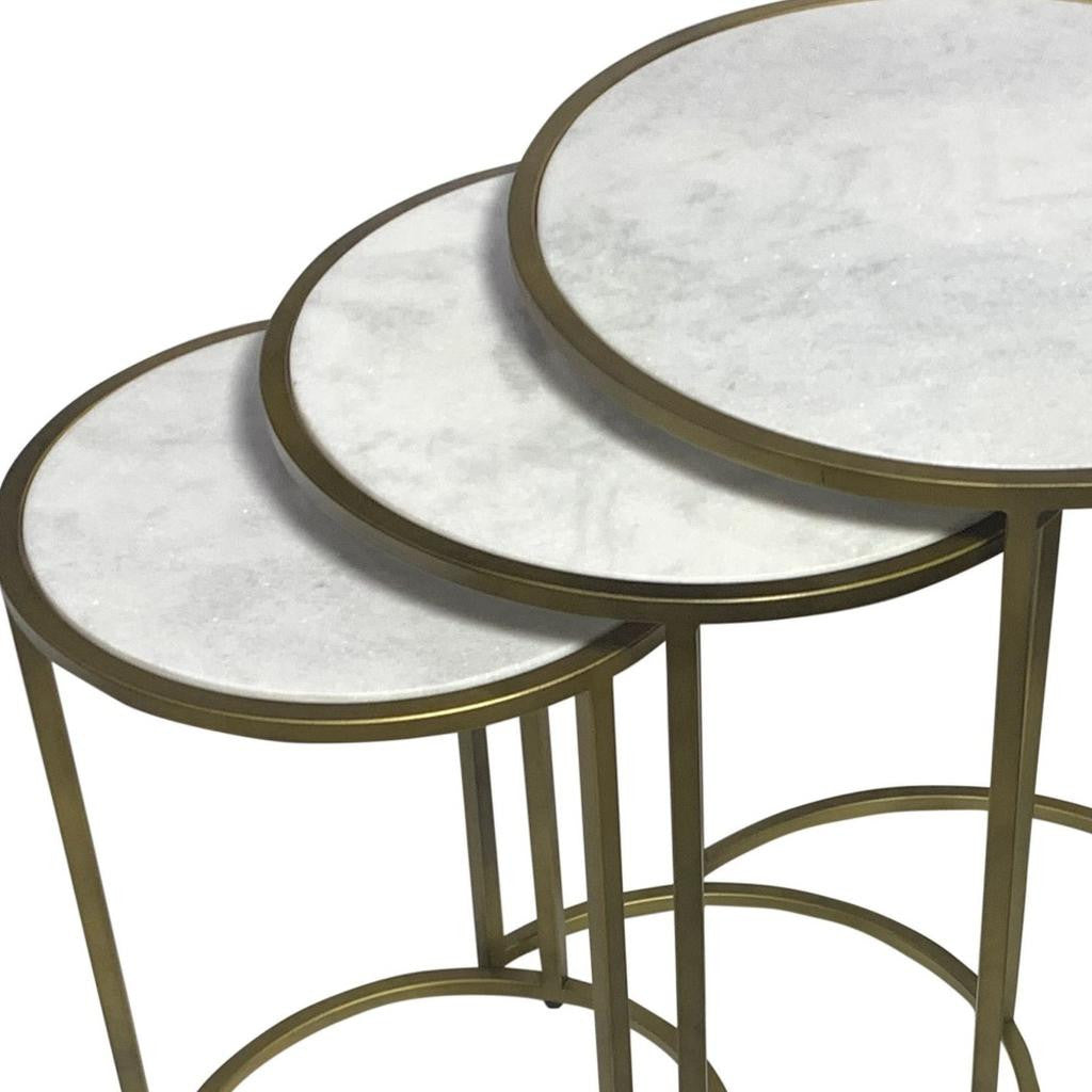Set of Three White and Antiqued Gold Marble and Iron Round Frame Nested Tables-4