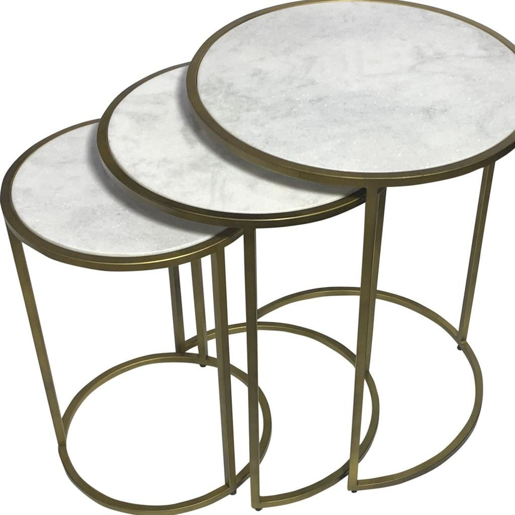 Set of Three White and Antiqued Gold Marble and Iron Round Frame Nested Tables-5