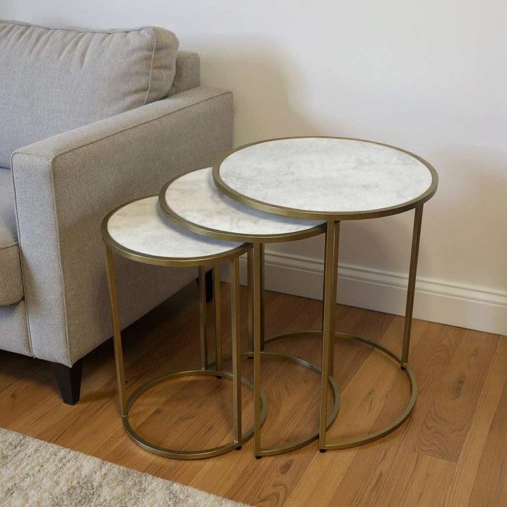 Set of Three White and Antiqued Gold Marble and Iron Round Frame Nested Tables-0