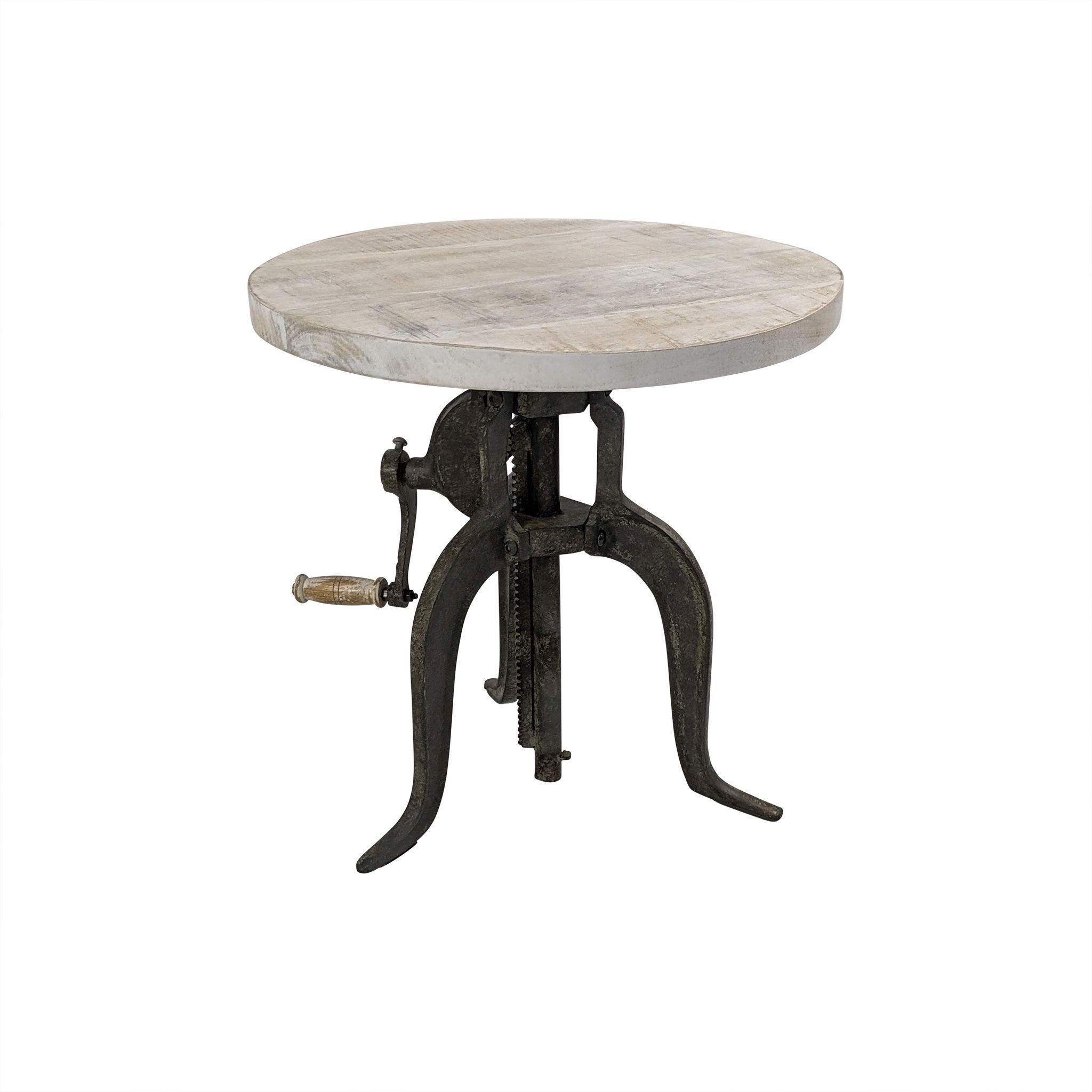19" Natural and Gunmetal Solid Wood and Iron Height Adjustable Round End Table-6
