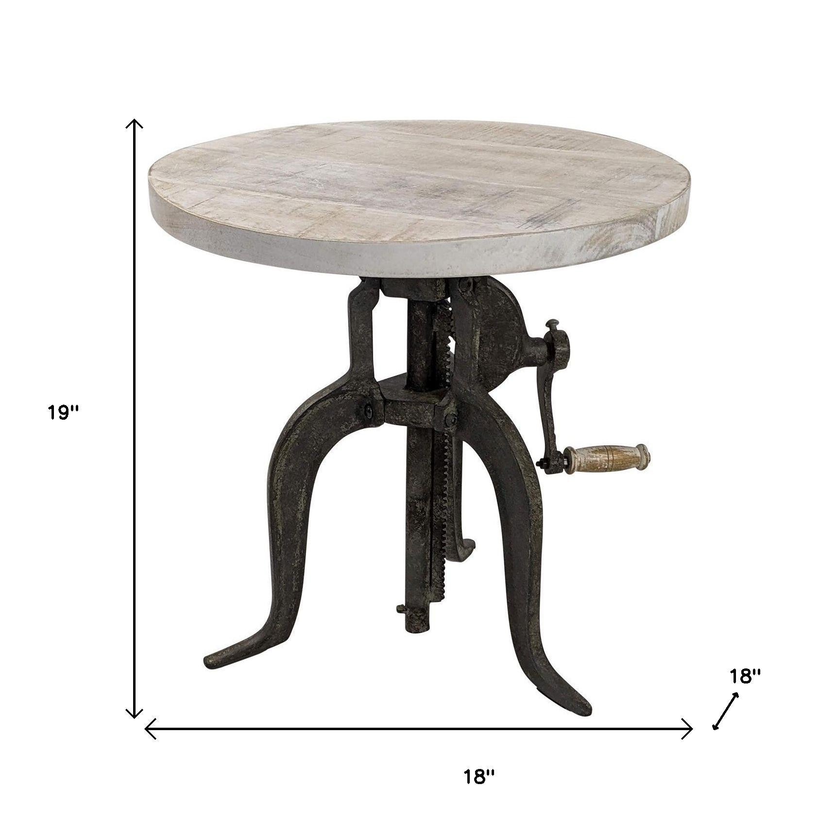 19" Natural and Gunmetal Solid Wood and Iron Height Adjustable Round End Table-7