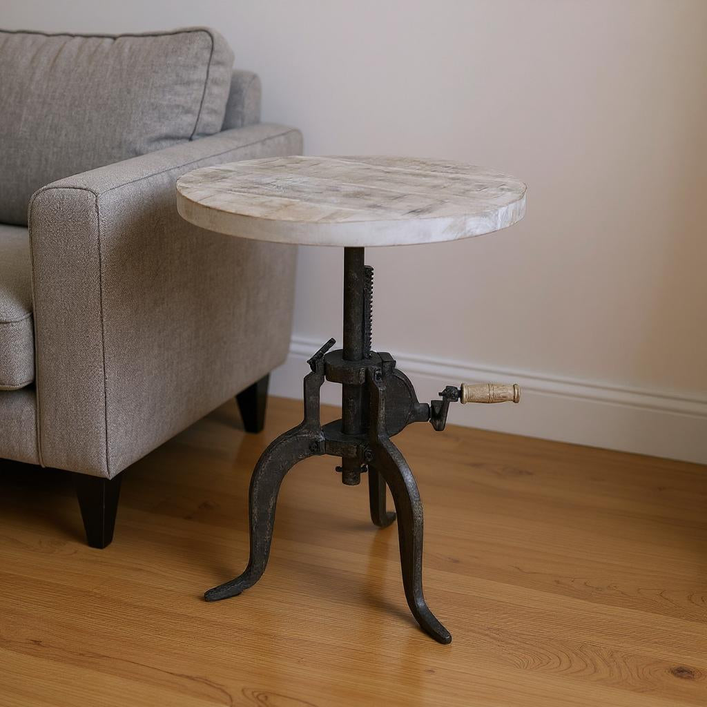 19" Natural and Gunmetal Solid Wood and Iron Height Adjustable Round End Table-0