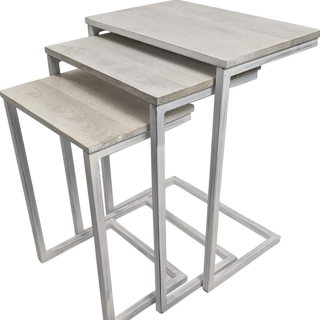 Set of Three Antiqued White Solid Wood and Steel Frame Nested Tables-4
